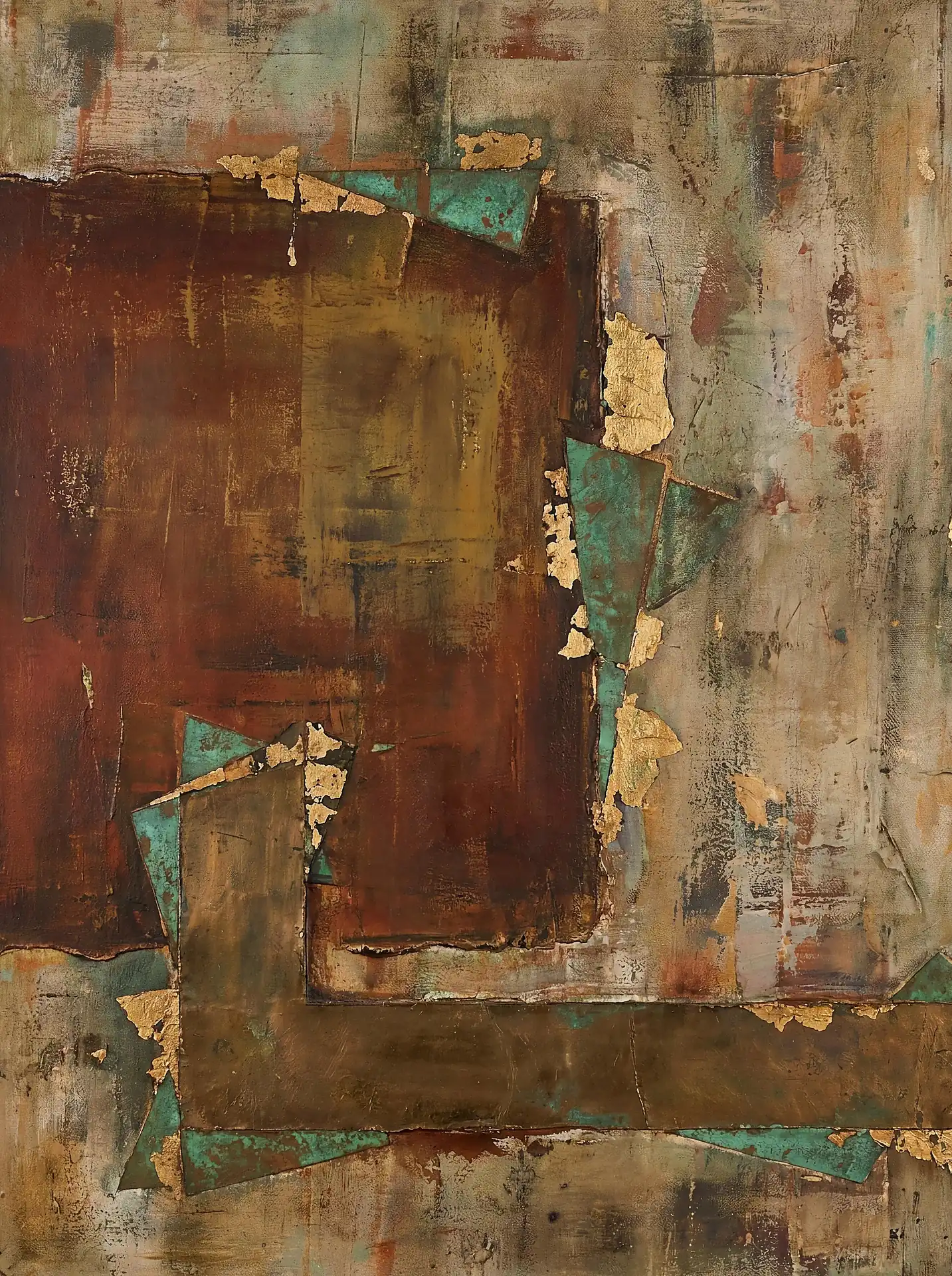 Heavy textures and delicate gold leaf foils create a layered geometric composition featuring deep earth tones and vibrant teal accents. This contemporary abstract piece uses a mix of metallic leaf and industrial colors to evoke a sense of aged elegance. Artwork by Constantine Cheshire