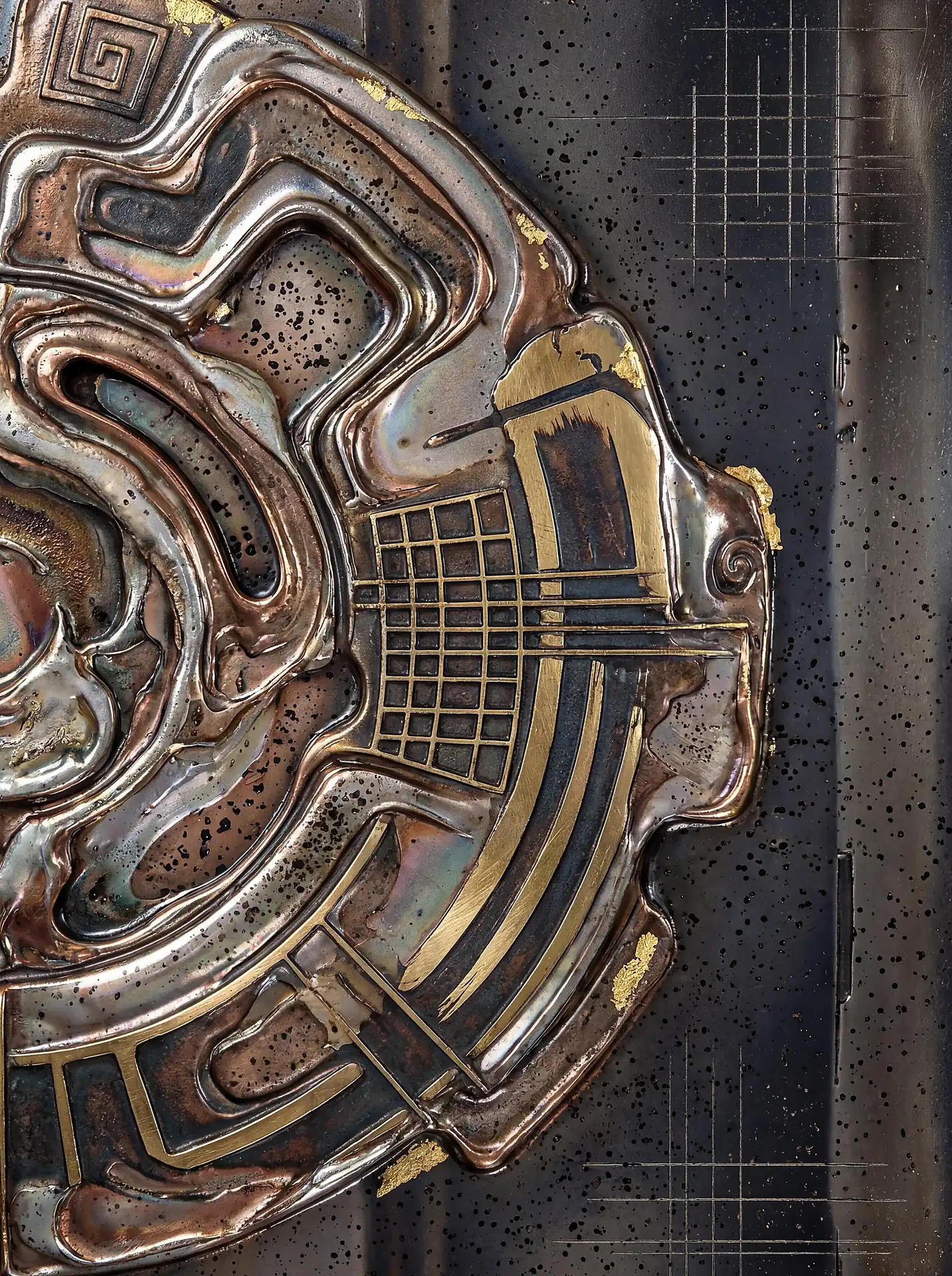 Hammered bronze and gold leaf create a rich, tactile surface in this complex circular relief composition. This artwork merges ancient meander motifs with modern industrial textures and fine grid lines against a dark, speckled background for a sophisticated aesthetic. Artwork by Constantine Cheshire