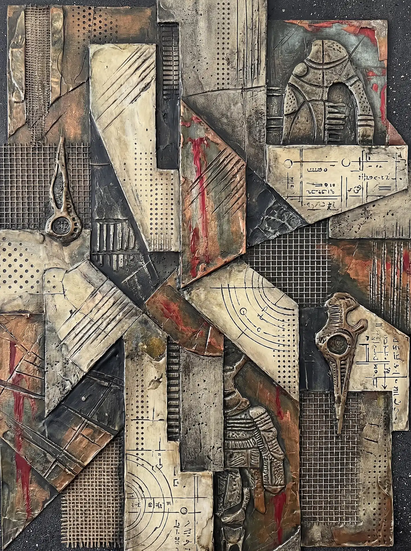 Weathered metal, wire mesh, and scorched textures form a complex 3D collage featuring etched scientific diagrams and bold crimson streaks. This industrial abstract piece combines mechanical precision with raw, weathered surfaces to create a futuristic archaeological aesthetic. Artwork by Constantine Cheshire