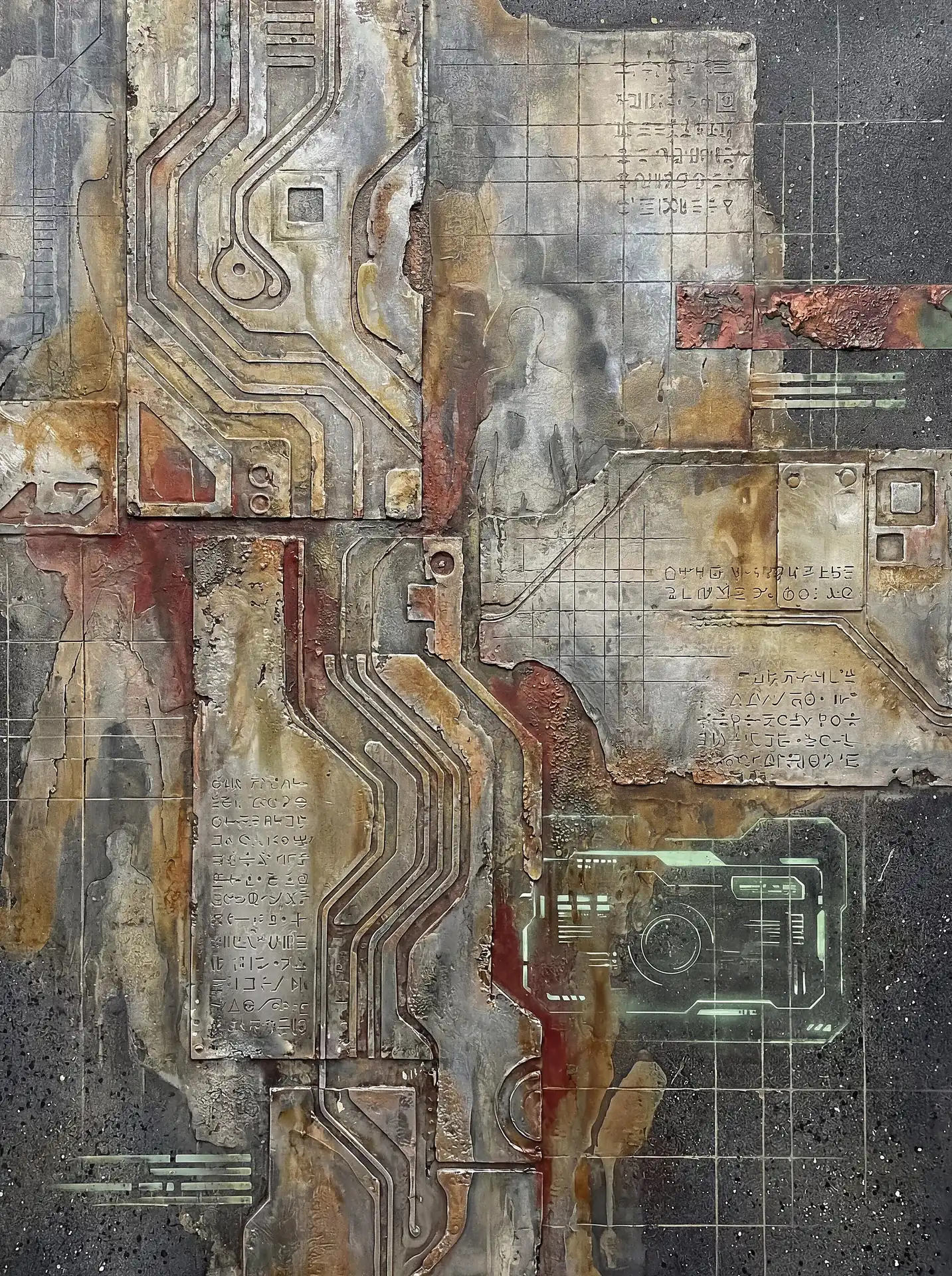 Muted metallic tones and glowing green light define this mixed media panel featuring rusted circuitry. The abstract composition blends ancient-looking glyphs with futuristic technology, creating a weathered sci-fi aesthetic with subtle human silhouettes. Artwork by Constantine Cheshire
