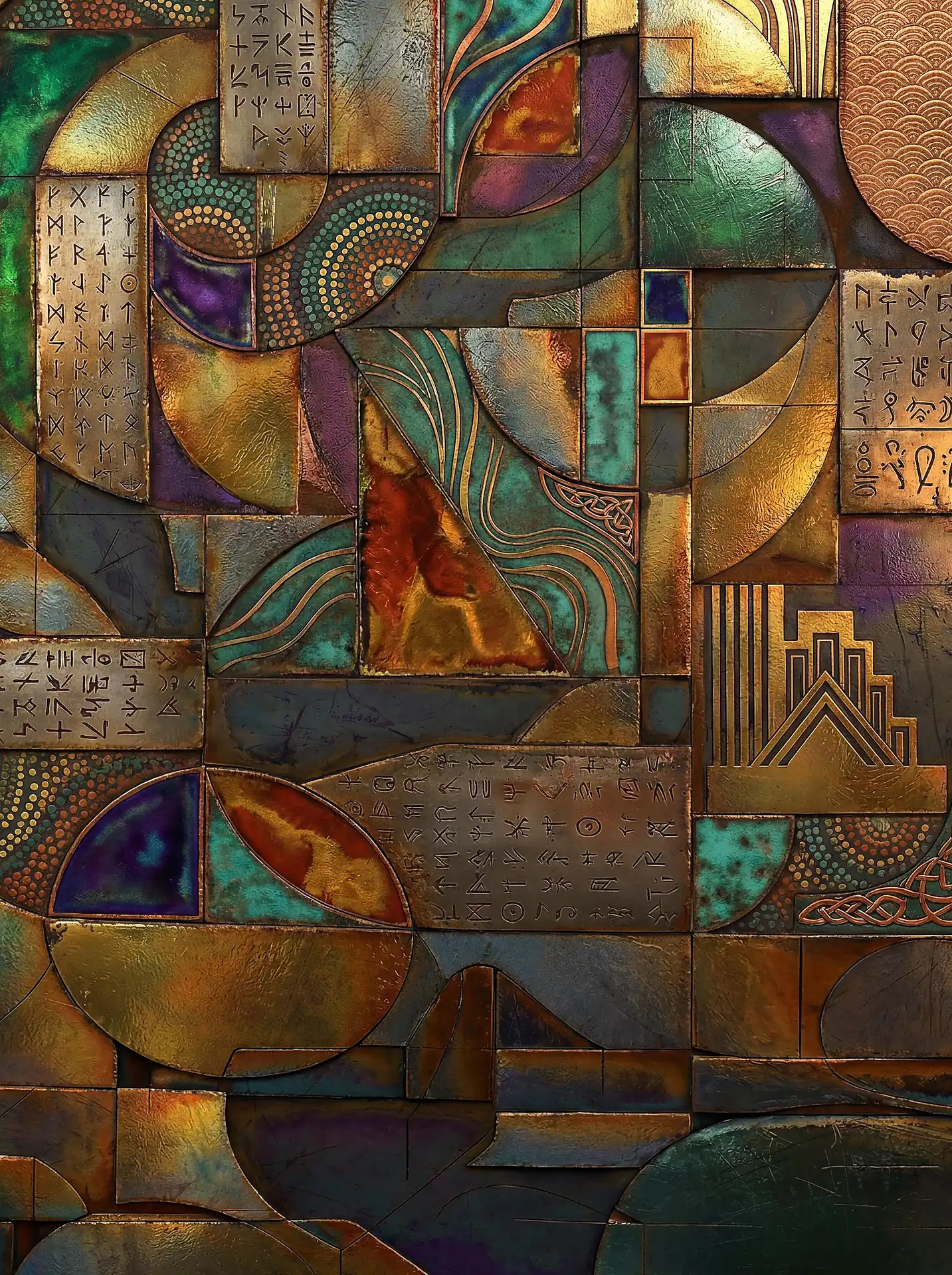 Metallic bronze and oxidized teal textures form a complex mosaic of geometric shapes and ancient runic symbols. This abstract composition blends industrial patina with mystical engravings, featuring circular motifs, wave patterns, and iridescent purple accents throughout the textured surface. Artwork by Constantine Cheshire