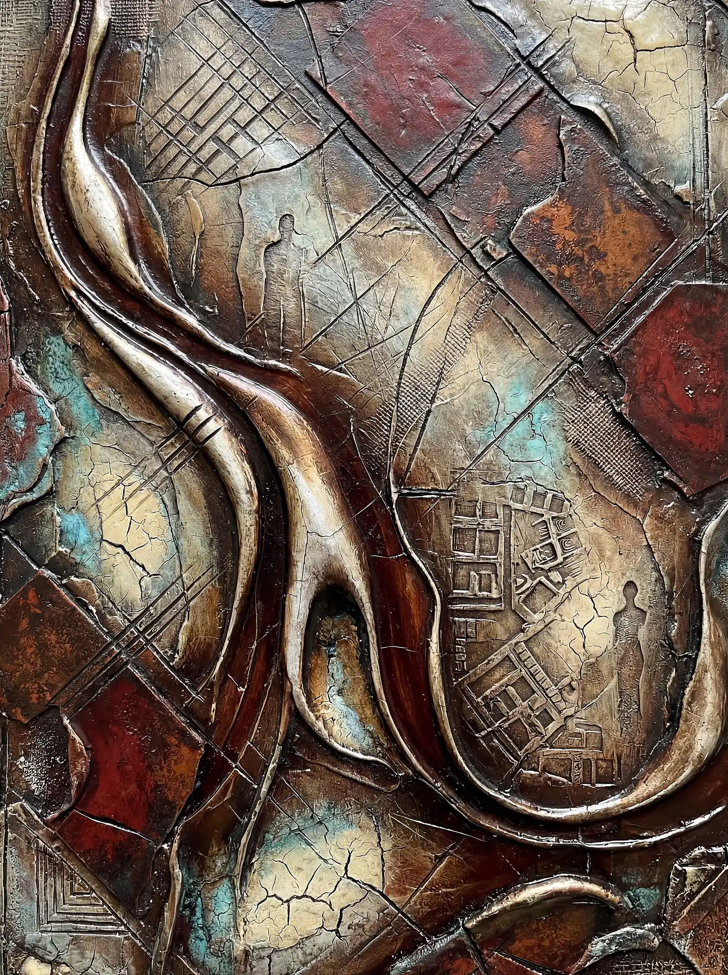 A somber and industrial atmosphere permeates this mixed media artwork featuring heavy cracked textures and oxidized copper tones. Tiny human figures are lost within a labyrinth of metallic ridges, intricate grids, and deep crimson accents, creating a sense of vast, decaying machinery. Artwork by Constantine Cheshire