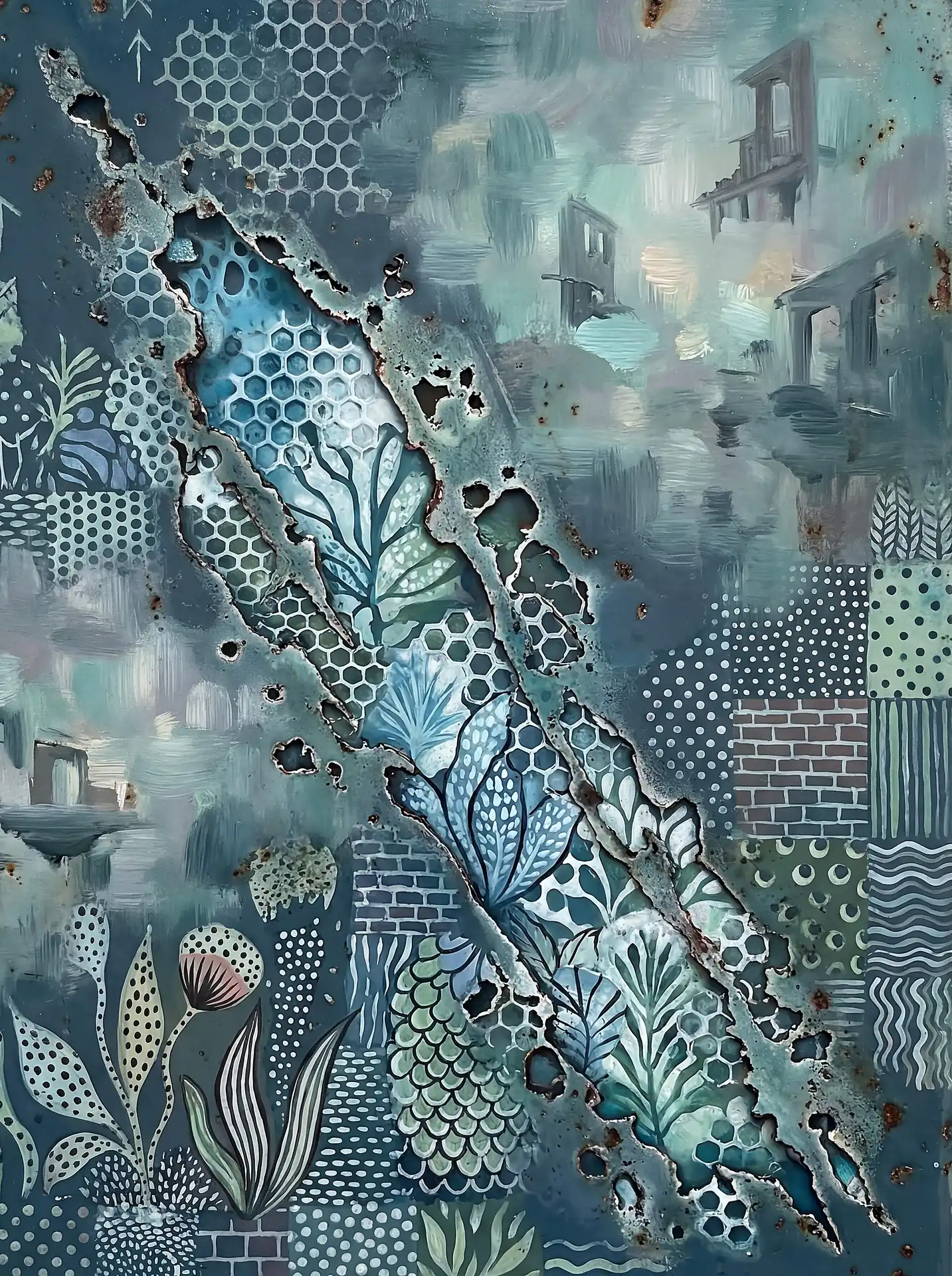 Cool blue and muted teal tones illuminate this layered mixed media piece featuring a central jagged tear. The artwork blends urban textures like brick and rust with delicate botanical illustrations and geometric honeycomb shapes to create a moody, weathered aesthetic. Artwork by Constantine Cheshire
