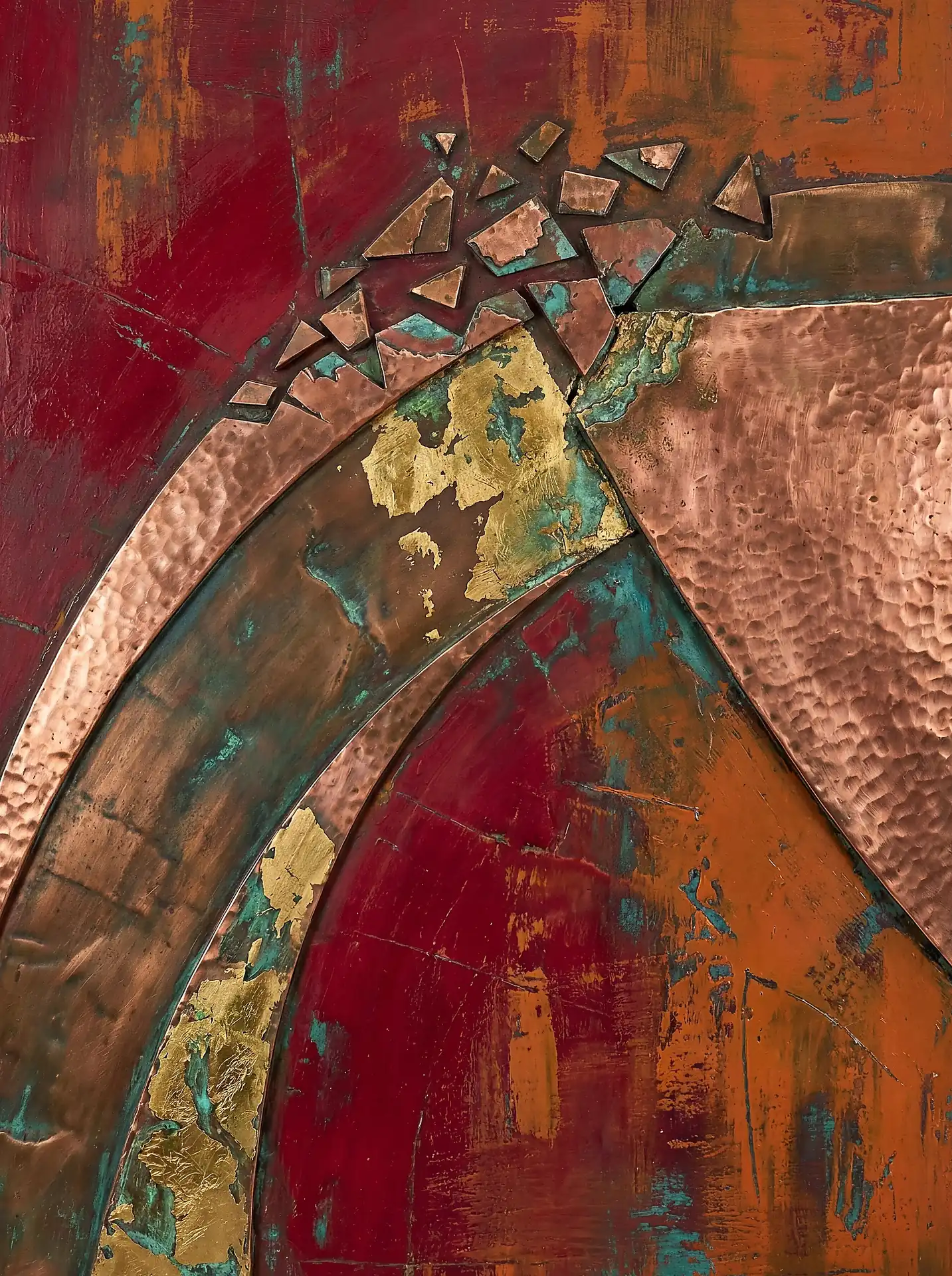Warm metallic tones and deep crimson hues define this abstract mixed media piece featuring hammered copper. A central arc of oxidized metal fragments into shards, showcasing a rich green verdigris patina against a weathered and textured red background. Artwork by Constantine Cheshire