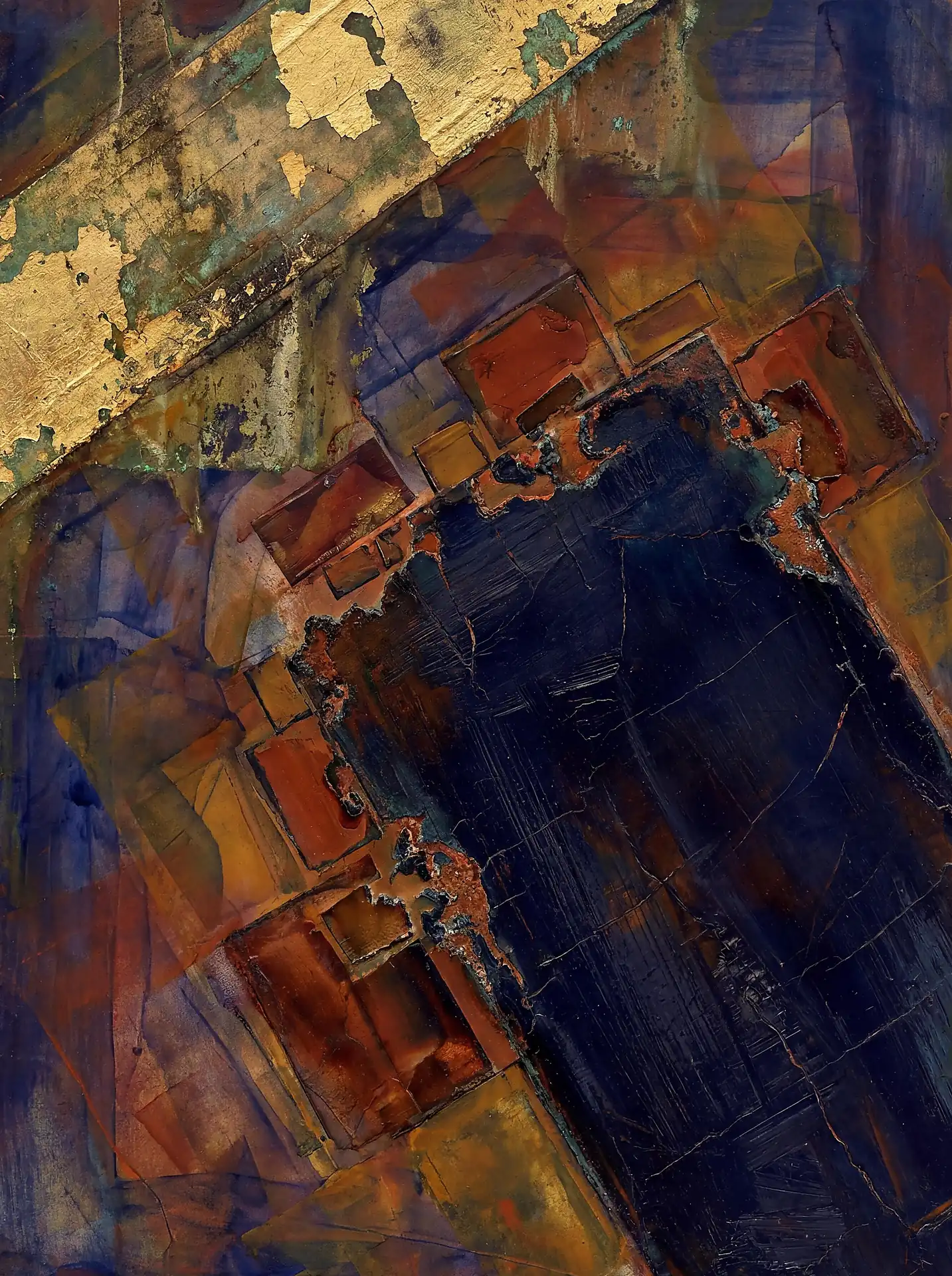 Weathered gold leaf and dark indigo pigments define this textured mixed media abstract painting featuring geometric layers. Deep rusty oranges and crackled metallic surfaces provide a sense of aged elegance and contemporary depth. Artwork by Constantine Cheshire