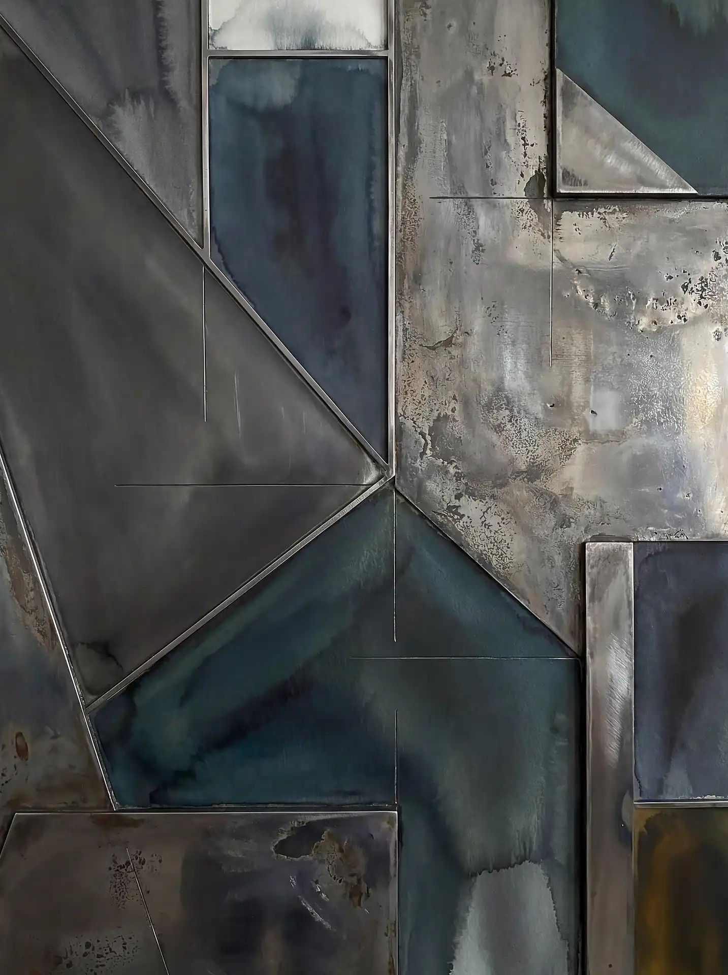 Brushed steel and weathered metal plates form a complex geometric grid highlighted by deep blue watercolor-style washes. This industrial abstract piece balances sharp angular seams with soft, organic oxidation and textured gray surfaces. Artwork by Constantine Cheshire