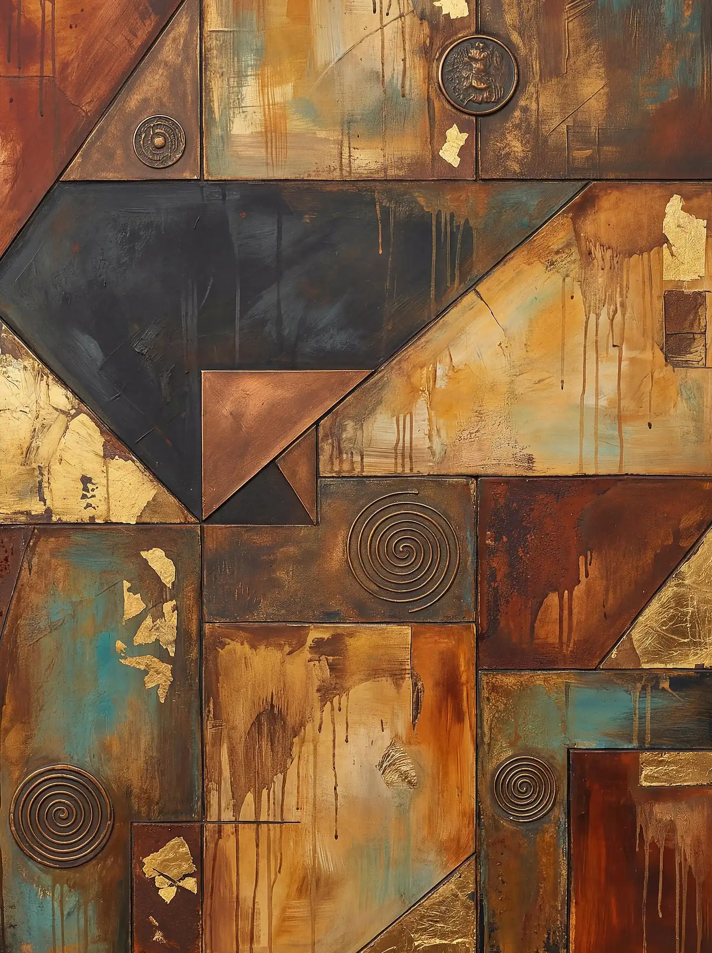 Evoking an ancient industrial mystery, this mixed media painting layers weathered copper spirals and shimmering gold leaf across a grid of earthy ochre and deep teal. This contemporary abstract piece features heavy textures, metallic elements, and a rich palette of bronze and rust tones. Artwork by Constantine Cheshire