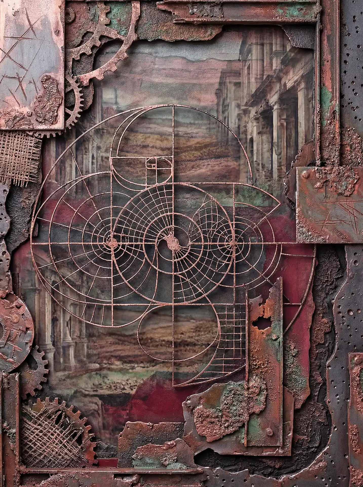 Rusted iron plates and corroded copper mesh frame a central view of ancient sandstone architecture overlaid with a geometric golden ratio spiral. This mixed media assemblage blends industrial steampunk elements with mathematical precision and archaeological history in a moody, weathered composition. Artwork by Constantine Cheshire