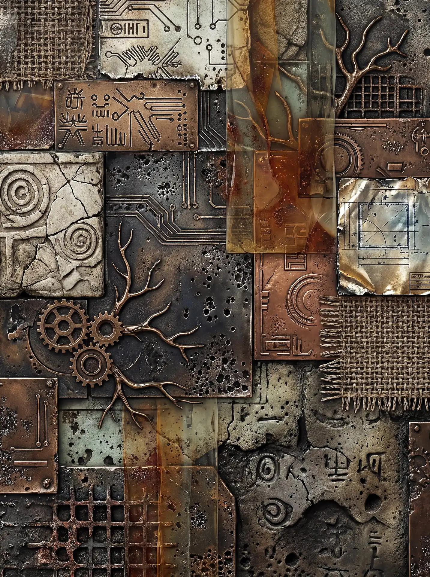 Somber and complex, this relief sculpture incorporates bronze clockwork gears and circuit board traces onto a weathered stone surface. The composition blends industrial technology with organic branches and ancient symbols to evoke a sense of lost history. Artwork by Constantine Cheshire