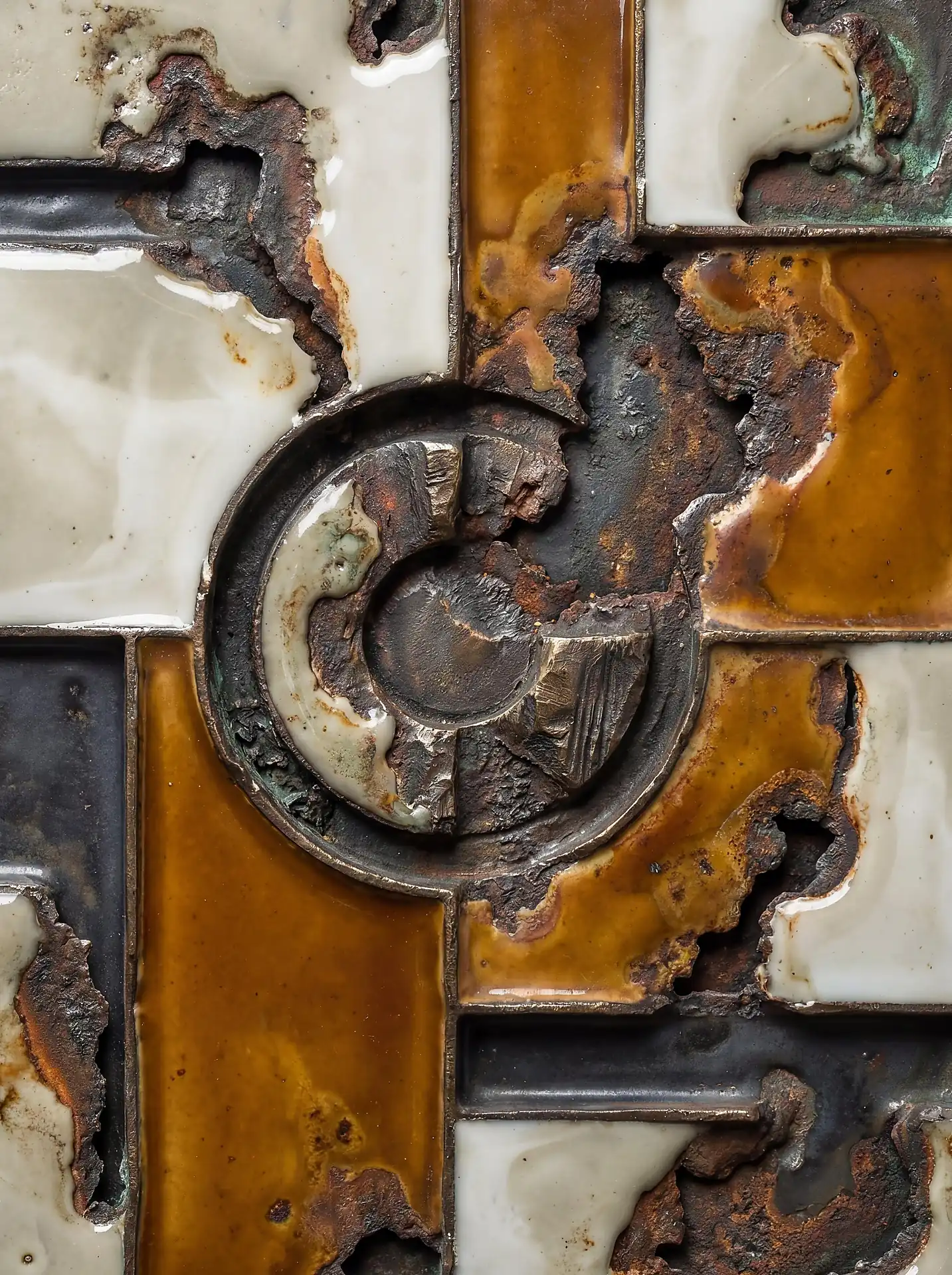 Rusted iron and smooth glass-like enamel create a complex layered texture across this geometric abstract composition. The work features a central circular gear-like motif integrated into a grid of weathered amber and cream-colored glazed panels. Artwork by Constantine Cheshire