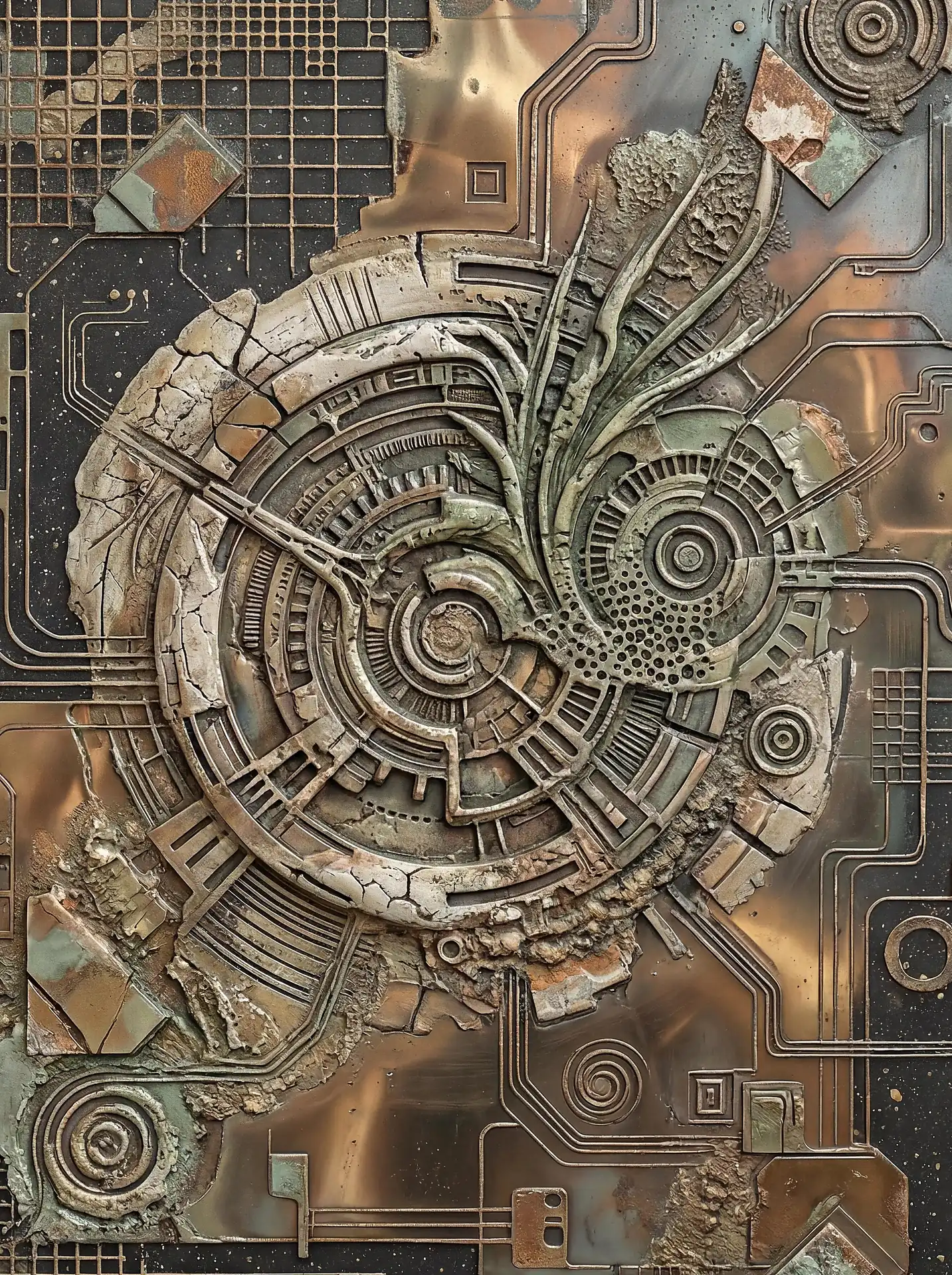 Eerie and ancient, this relief features a complex fusion of weathered stone carvings and polished copper circuit boards. The mixed media artwork blends industrial cyberpunk elements with organic decay using a palette of metallic bronze and mossy greens. Artwork by Constantine Cheshire