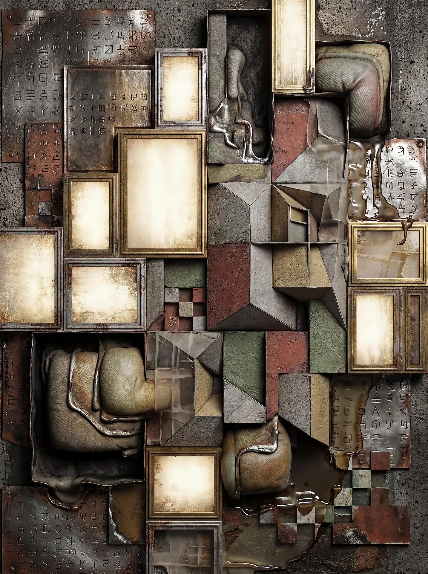 Warm golden light radiates from empty frames set within a complex arrangement of stone blocks, metallic plates, and organic forms. This 3D digital sculpture blends brutalist architectural elements with soft, bulbous textures and ancient-style script for a surreal, tactile atmosphere. Artwork by Constantine Cheshire