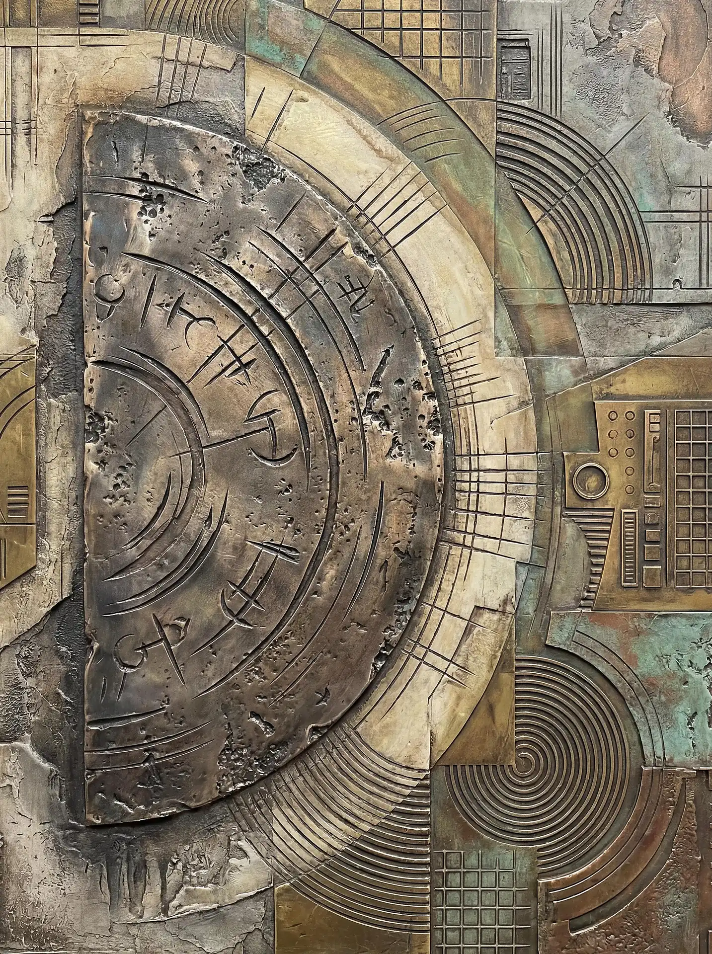 Weathered bronze and oxidized copper textures form a complex bas-relief featuring concentric circles, etched glyphs, and geometric grids. This industrial abstract composition blends steampunk aesthetics with ancient architectural elements in shades of gold and verdigris green. Artwork by Constantine Cheshire