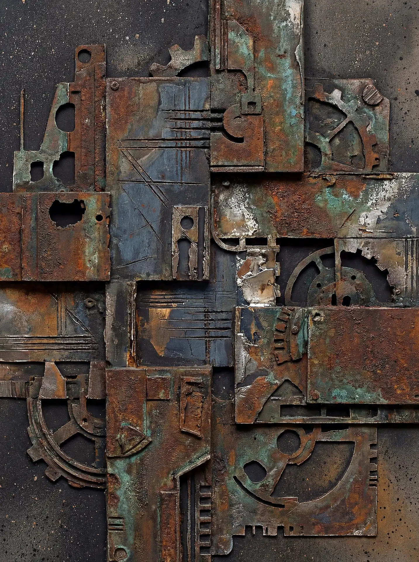 Gritty and somber atmosphere, this mixed-media sculpture features layers of heavily oxidized iron plates and broken gear wheels. The composition balances deep orange rust with vibrant teal verdigris against a splattered dark background. Artwork by Constantine Cheshire