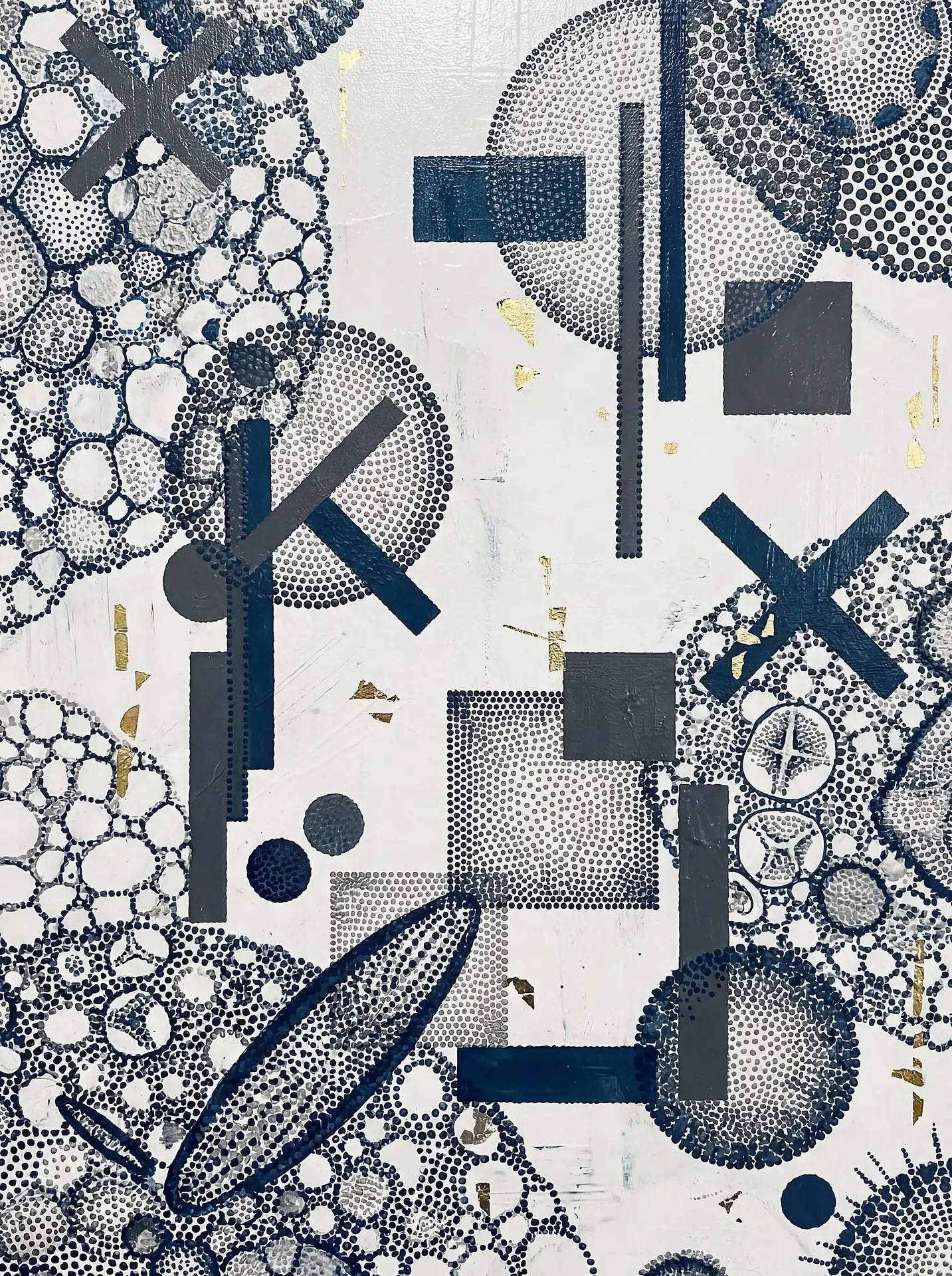 Geometric shapes and organic cellular patterns come together in this blue and grey mixed media abstract painting. Deep navy rectangles and crosses layer over delicate pointillist circles and gold leaf accents for a textured, contemporary aesthetic. Artwork by Constantine Cheshire