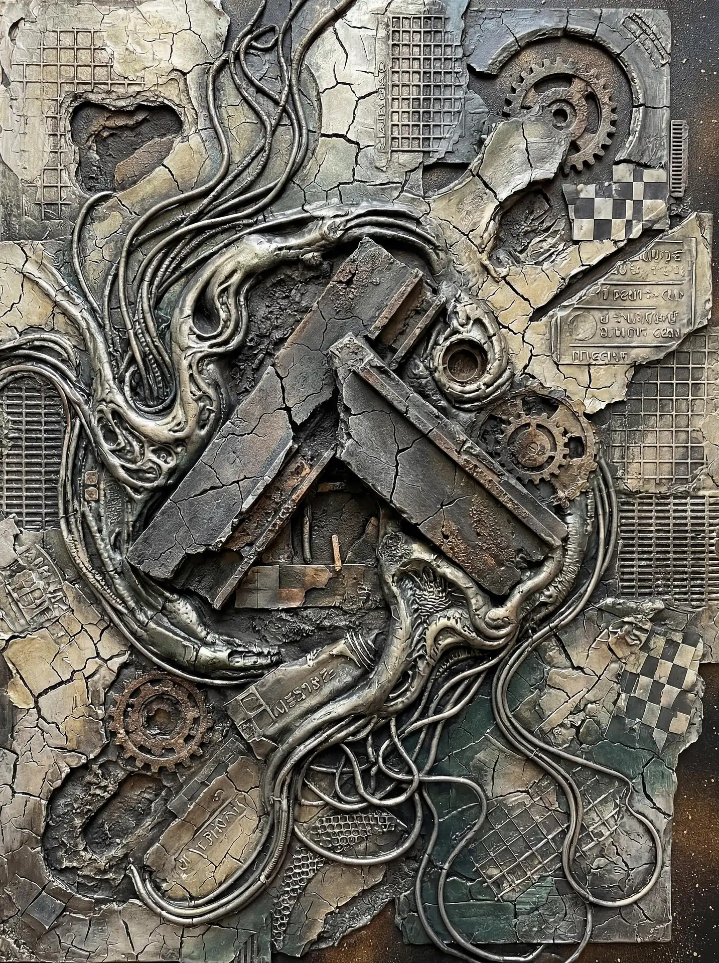 Muted gray and earthy tones illuminate this intricate biomechanical relief featuring rusted gears and tangled cables. The mixed media piece combines industrial machinery with cracked textures to create a hauntingly atmospheric vision of a dystopian future. Artwork by Constantine Cheshire