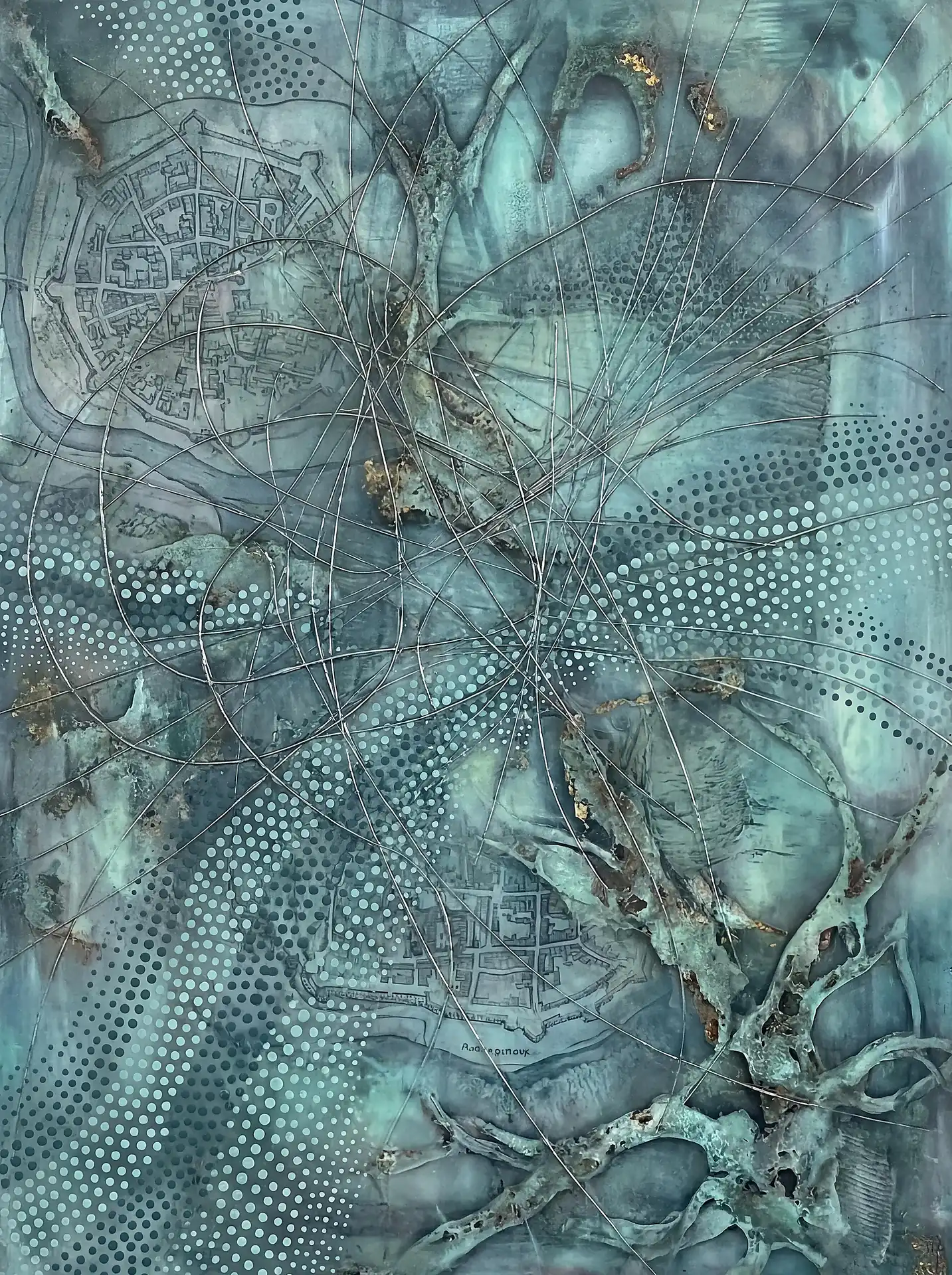 Layering and complex textures define this mixed media piece where vintage fortified city maps are shrouded in teal verdigris tones. Intersecting arcing lines and halftone dot patterns create a sense of movement across the weathered, industrial surface, blending historical cartography with contemporary abstract expression. Artwork by Constantine Cheshire