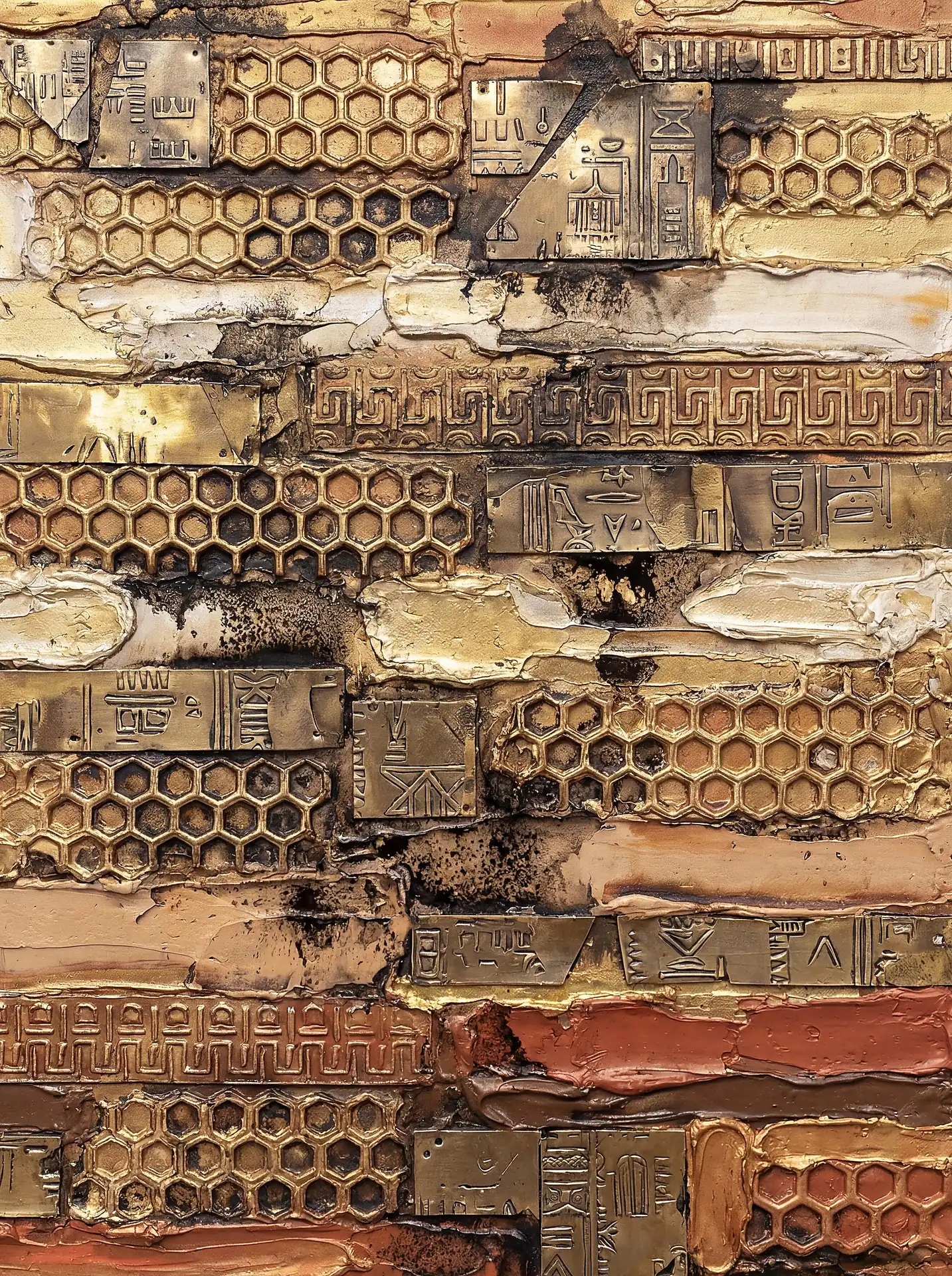 Layering metallic plates and thick impasto paint, this mixed media piece features intricate honeycomb grids and cryptic engraved symbols. The warm bronze and gold palette creates a weathered, archaeological aesthetic that blends futuristic steampunk elements with ancient motifs. Artwork by Constantine Cheshire