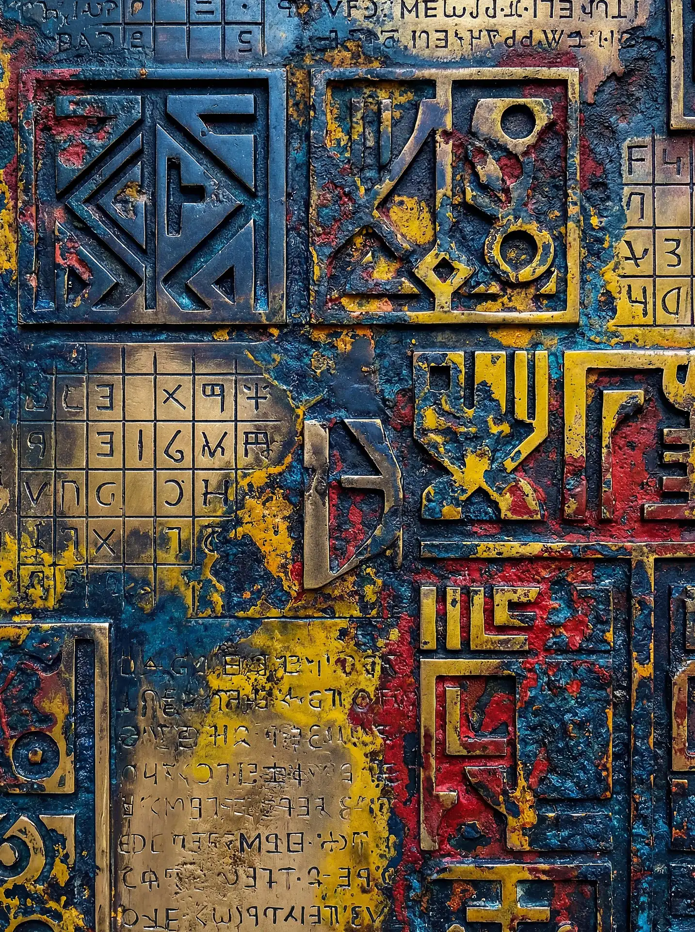 Flowing across the weathered brass surface, intricate geometric symbols and ancient scripts emerge from a deep blue and red patina. This abstract industrial piece features a striking blend of metallic gold tones and oxidized textures, evoking a sense of archaeological discovery and mystery. Artwork by Constantine Cheshire