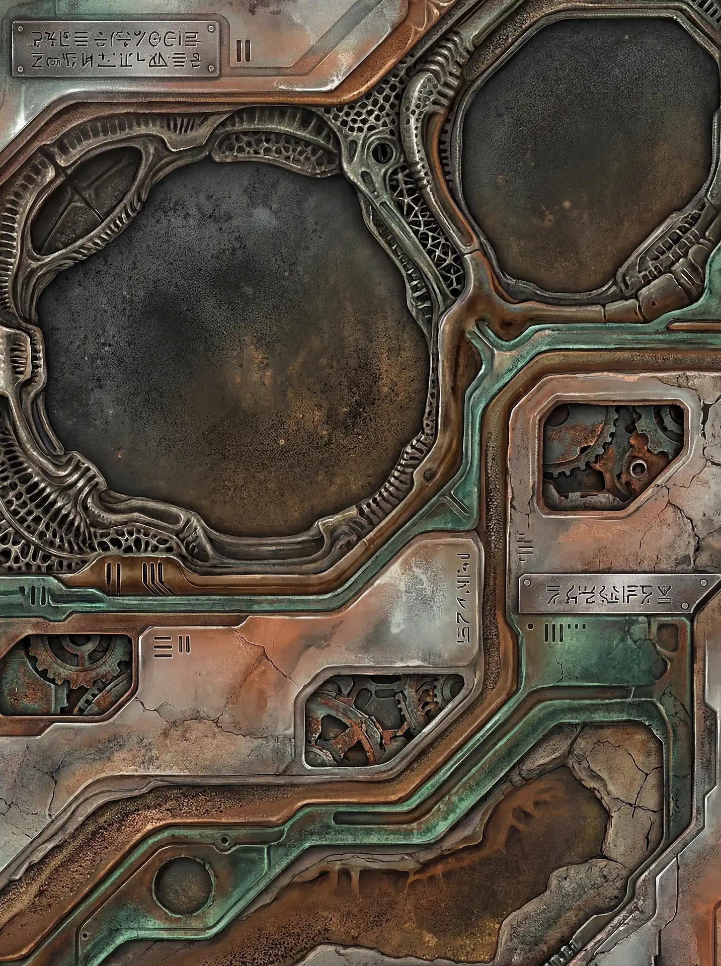 Eerie and ancient atmosphere defines this complex panel of weathered copper machinery and intricate extraterrestrial engravings. The metallic surface features circular viewing ports and rusted gears integrated into a seamless biomechanical design. Artwork by Constantine Cheshire