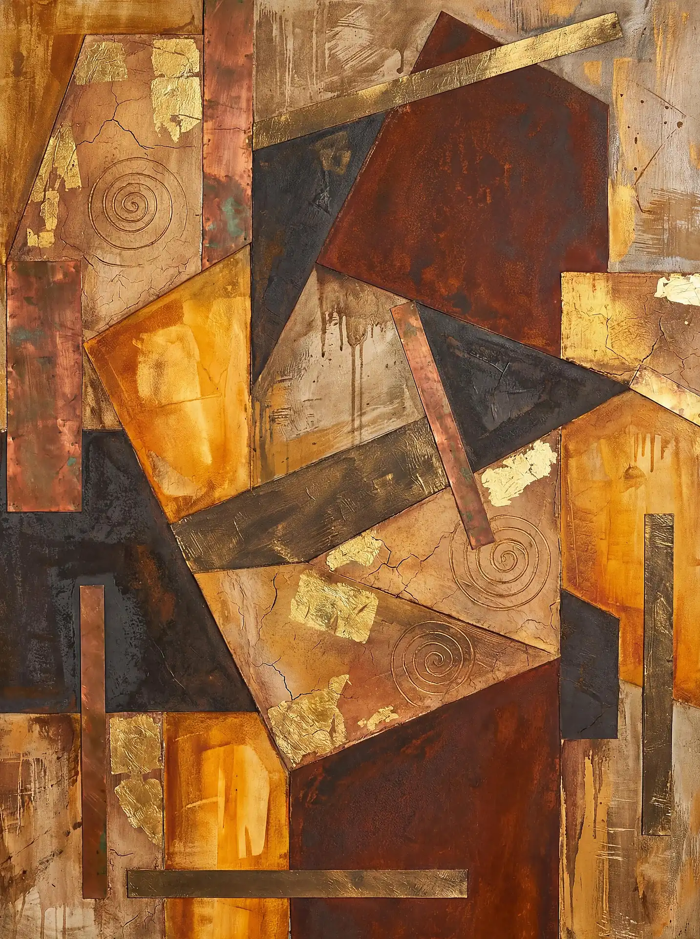 A layered arrangement of overlapping geometric planes creates a sense of depth and industrial complexity in this mixed media piece. Earthy tones of copper, ochre, and rust are punctuated by shimmering gold leaf and incised spiral motifs for a rich, textured appearance. Artwork by Constantine Cheshire