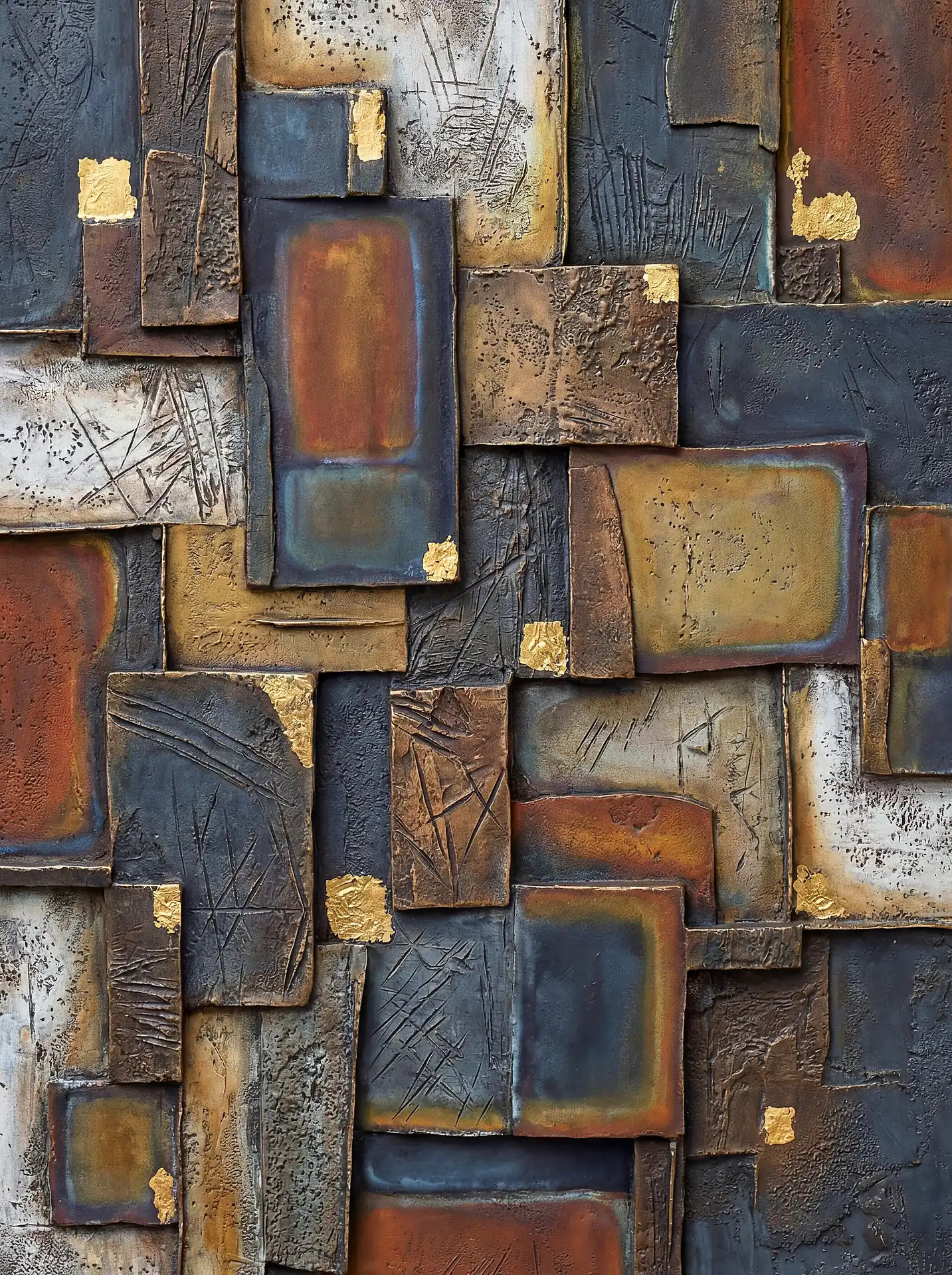 Rising from the surface, these weathered rectangular panels showcase a rich interplay of rust, slate blue, and charcoal tones. This contemporary mixed media artwork features a tactile, industrial finish punctuated by delicate squares of luminous gold leaf for a sophisticated, atmospheric mood. Artwork by Constantine Cheshire