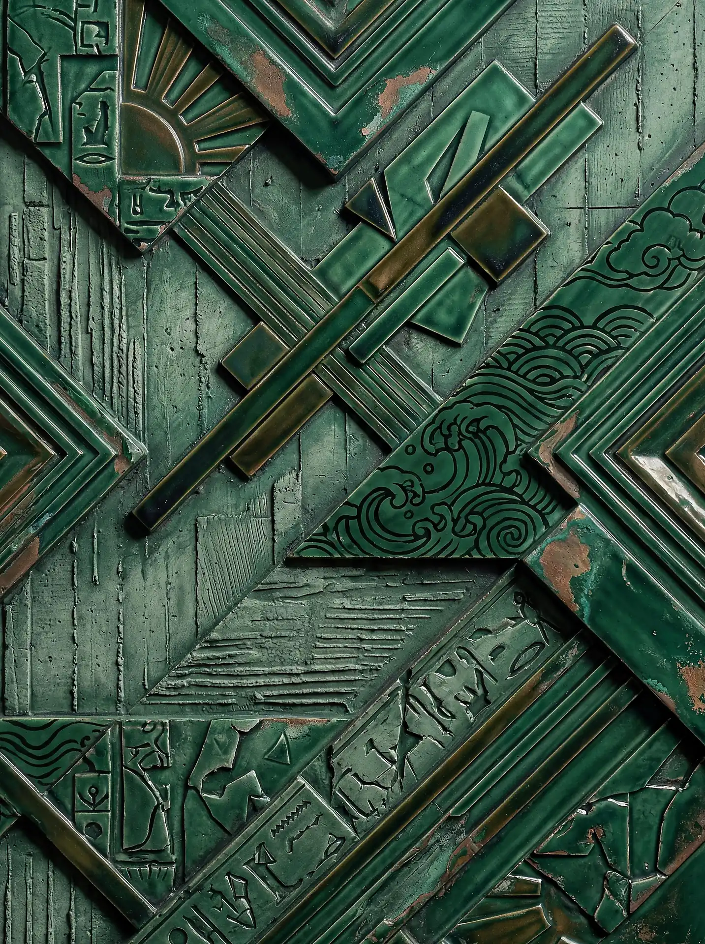 Geometric relief wall panel in a patinated emerald green finish. This intricate sculpture combines Art Deco aesthetics with cultural motifs like stylized waves and sunbursts, creating a sophisticated textured backdrop for luxury interior design. Artwork by Constantine Cheshire