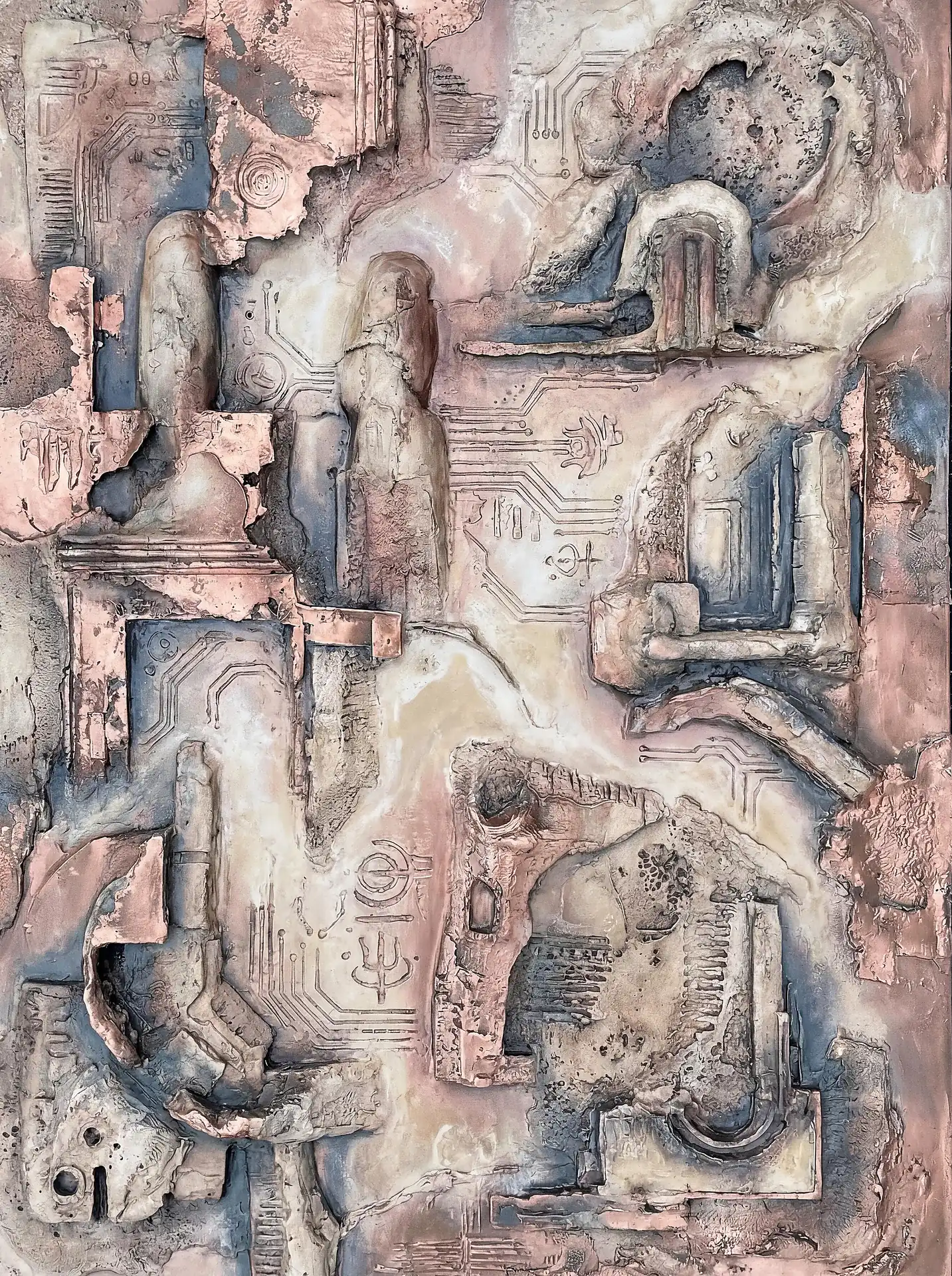 The layering of intricate circuitry and weathered stone creates a complex three-dimensional bas-relief resembling an archaeological find from the future. Muted rose gold tones and dusty grays highlight the industrial textures and mechanical patterns embedded in the cracked plaster surface. Artwork by Constantine Cheshire