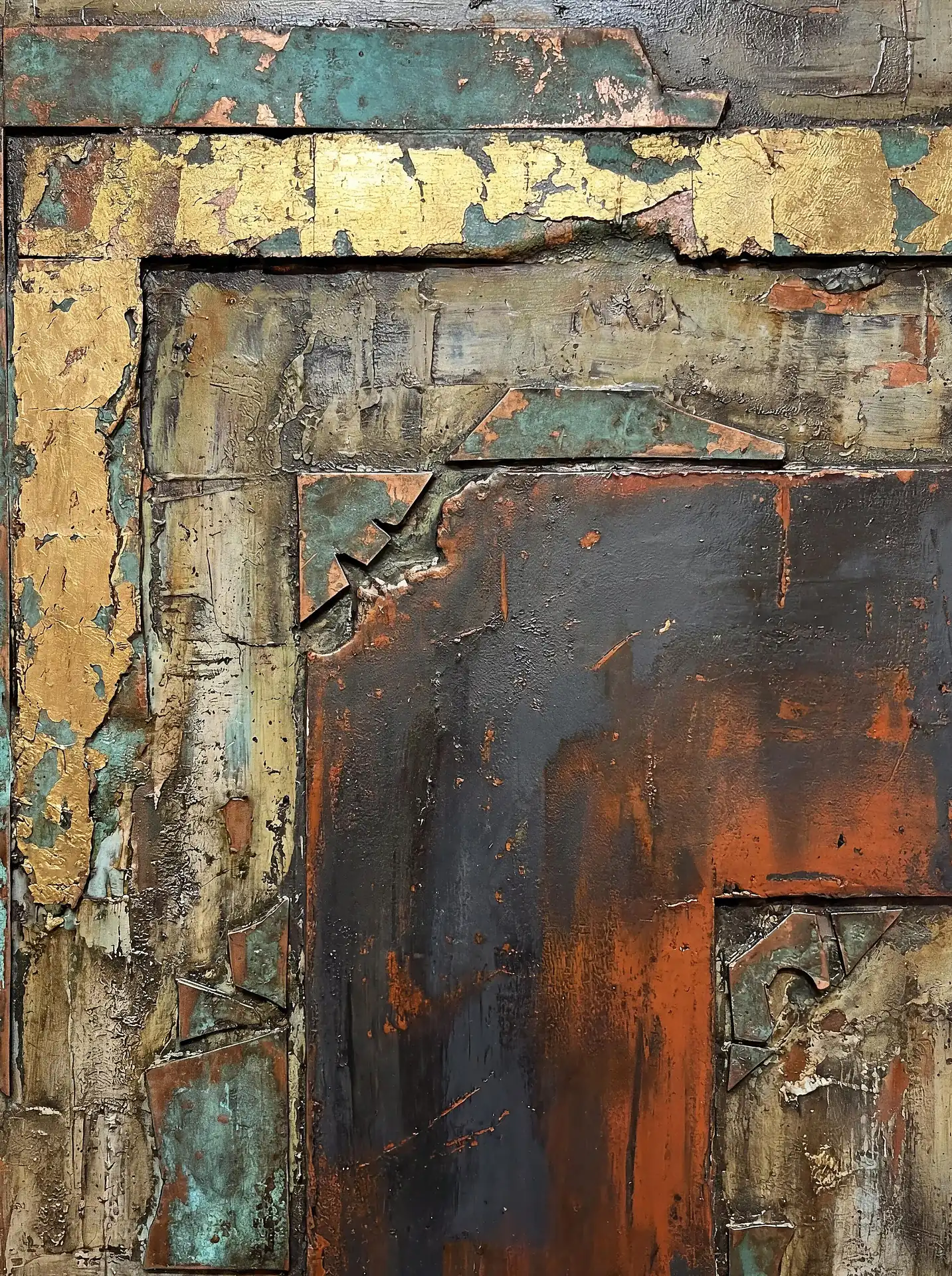 Composition of layered geometric shapes and weathered textures creates a gritty industrial abstract piece. This mixed-media artwork features metallic gold leaf accents, teal verdigris patina, and earthy rust-colored pigments on a rough, distressed surface. Artwork by Constantine Cheshire
