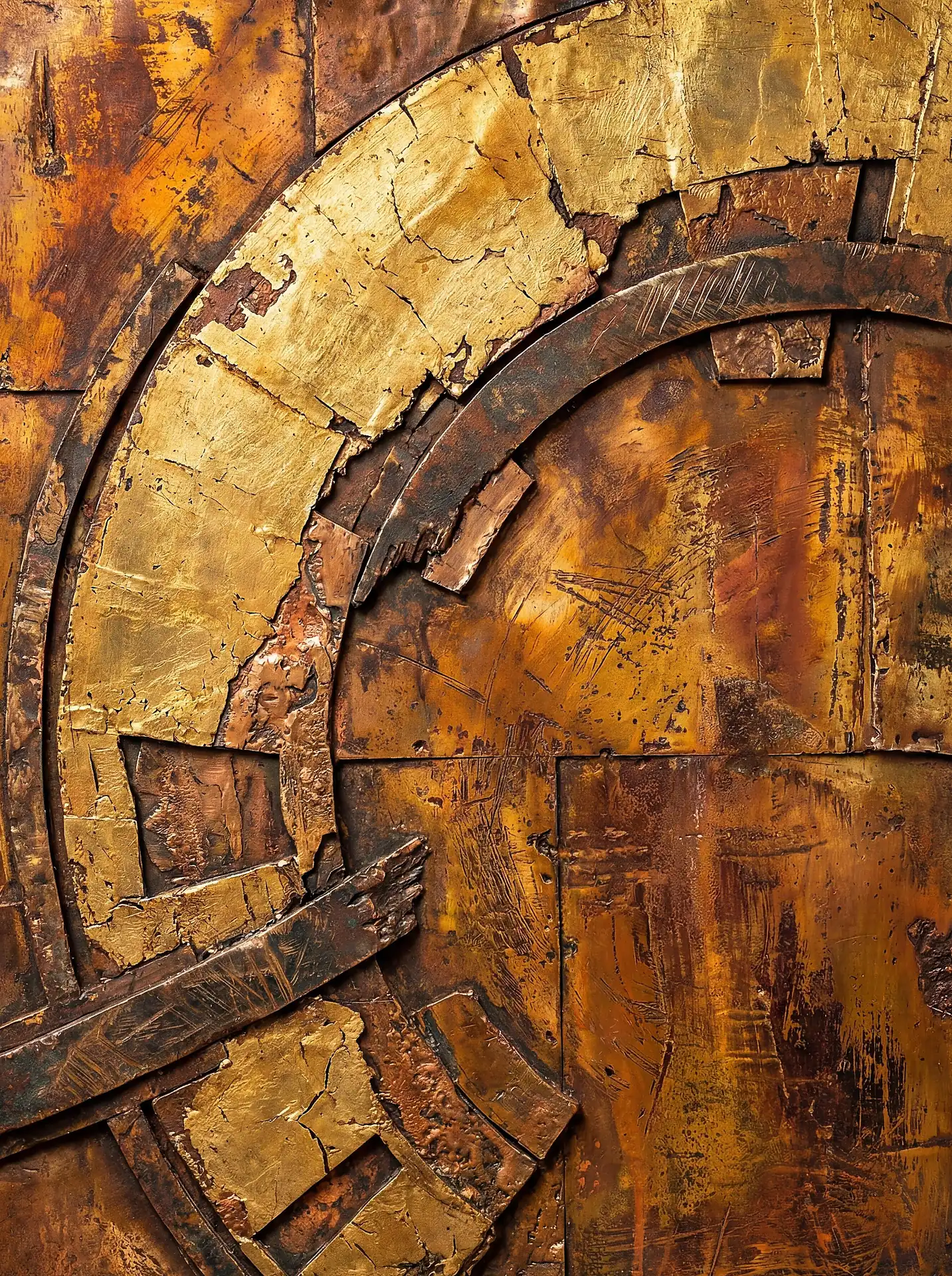 Swirling upward, these golden metallic arches create a sense of movement across a weathered and rusted industrial backdrop. This mixed media piece features heavy textures of peeling gold leaf and distressed copper plate, evoking a rugged yet luxurious mood. Artwork by Constantine Cheshire
