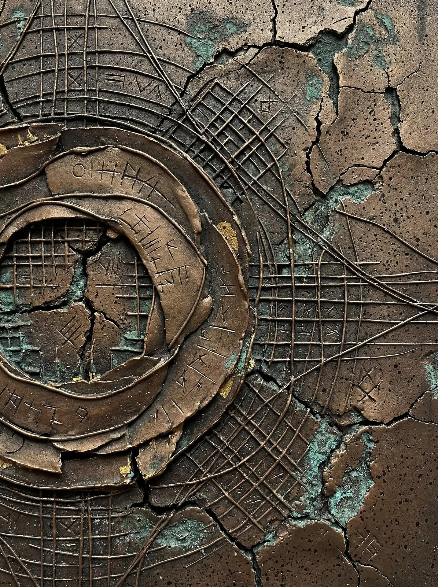 Bronze and green oxidation tones highlight this intricate relief sculpture featuring cracked metallic plates and circular geometric engravings. This weathered artwork suggests an ancient astronomical map or a piece of forgotten technology through its textured surfaces and mysterious runes. Artwork by Constantine Cheshire