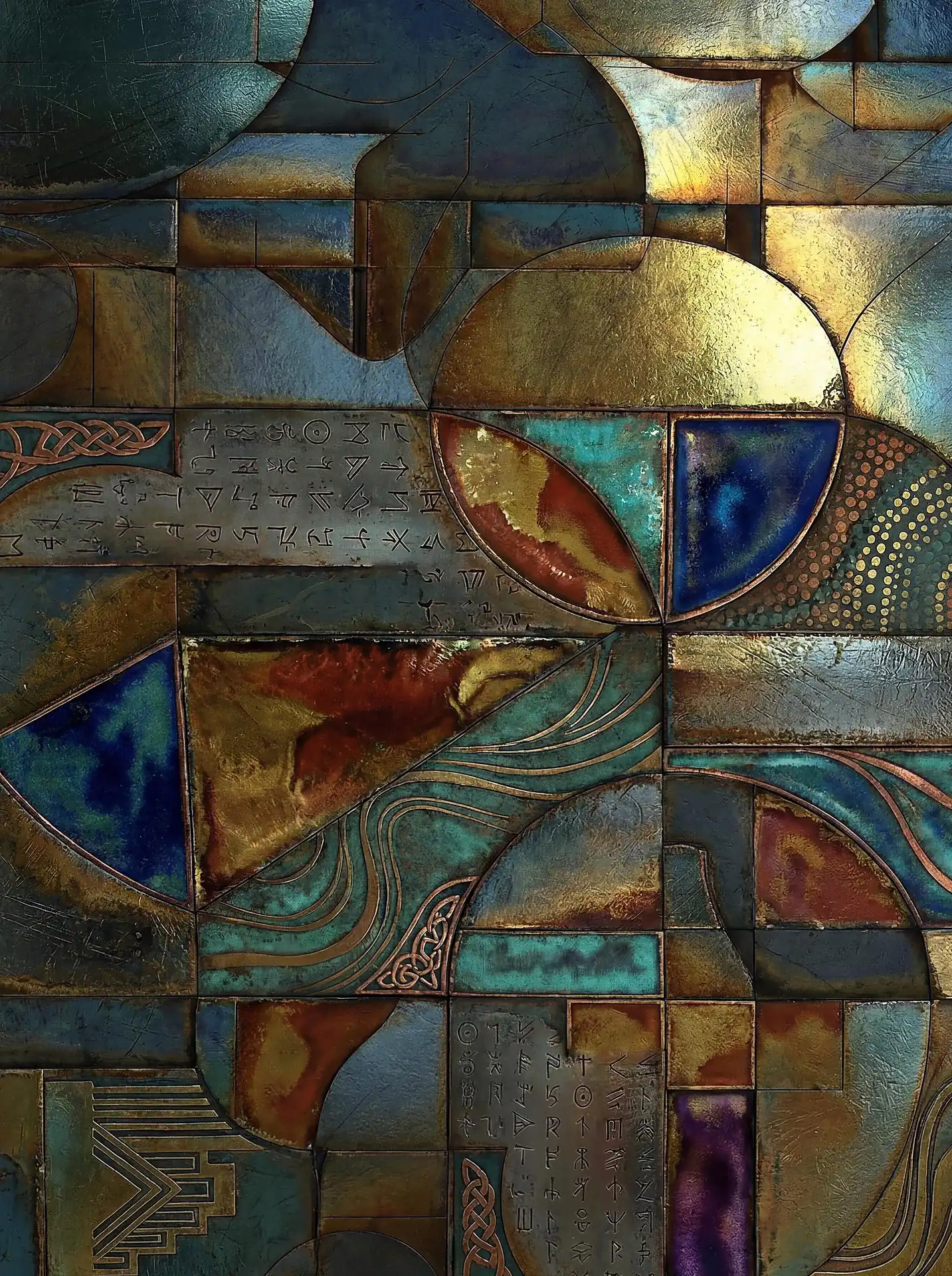 Golden light catches the weathered surfaces of this mixed media mosaic featuring ancient inscriptions and teal patina. Geometric shapes and celtic knotwork blend into a rich tapestry of metallic bronze and deep blue hues. Artwork by Constantine Cheshire
