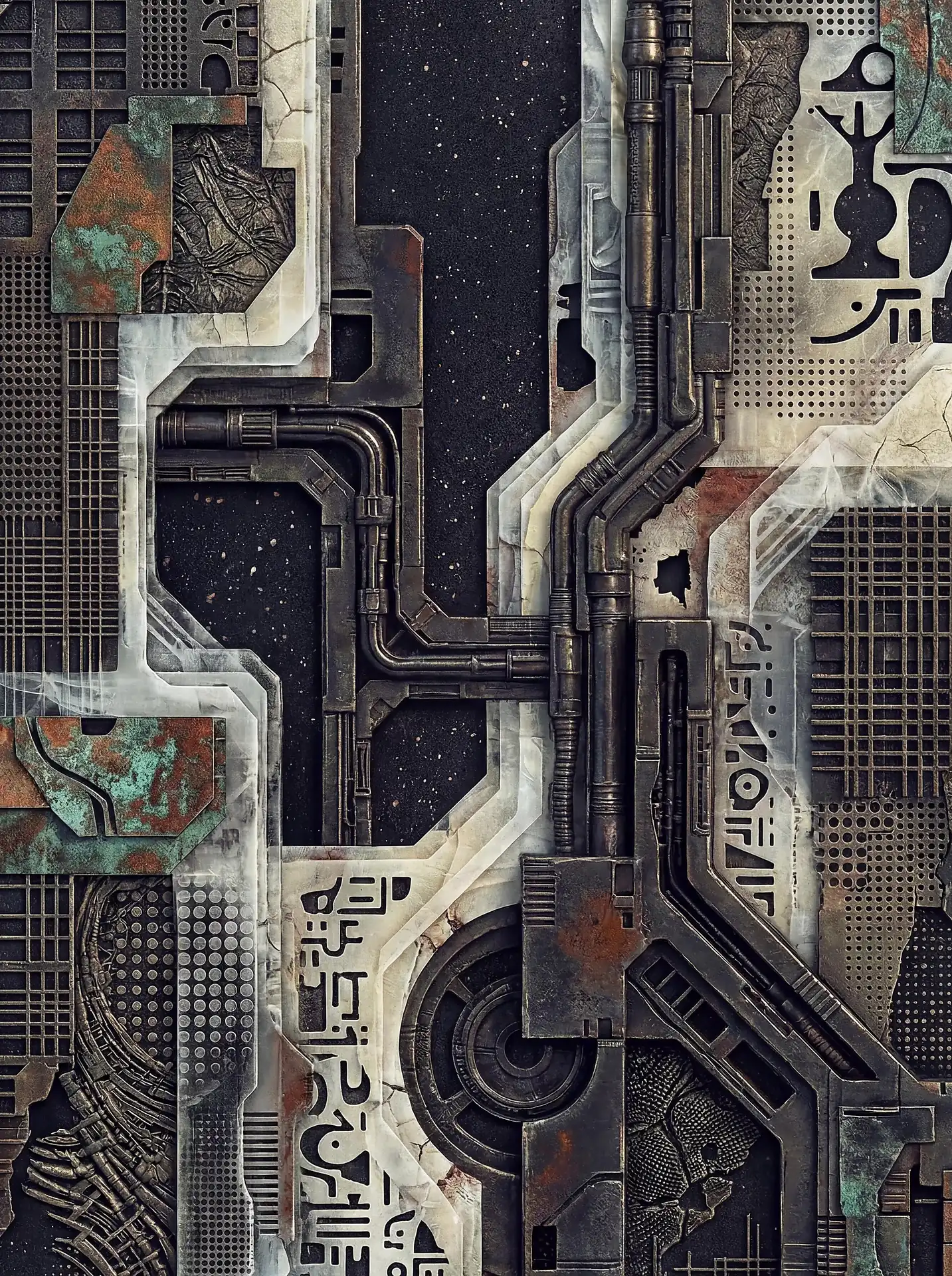 Pulsing with unseen energy, these intricate mechanical conduits and weathered metal plates feature mysterious glyphs set against the backdrop of a vast, star-filled void. The gritty industrial texture and oxidized copper accents create a mood of ancient, forgotten space technology. Artwork by Constantine Cheshire