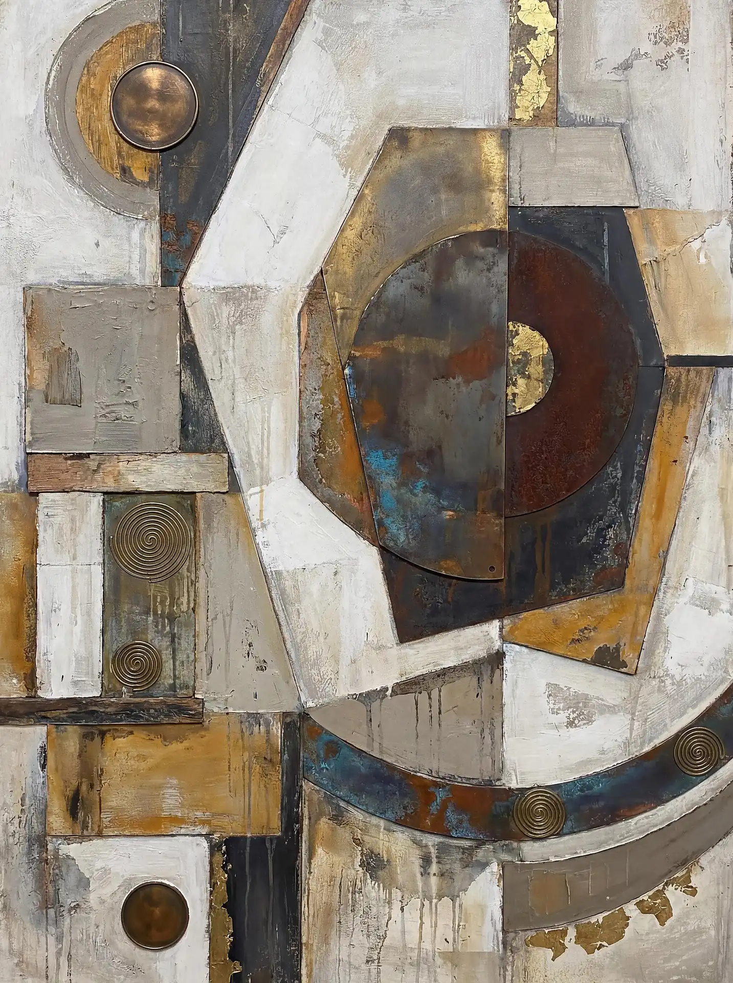 Warm metallic tones and cool oxidation highlights define this complex geometric mixed media construction. This vertical artwork blends weathered wood textures with rusted iron plates, gold leaf accents, and intricate copper spirals for a sophisticated, gritty aesthetic. Artwork by Constantine Cheshire