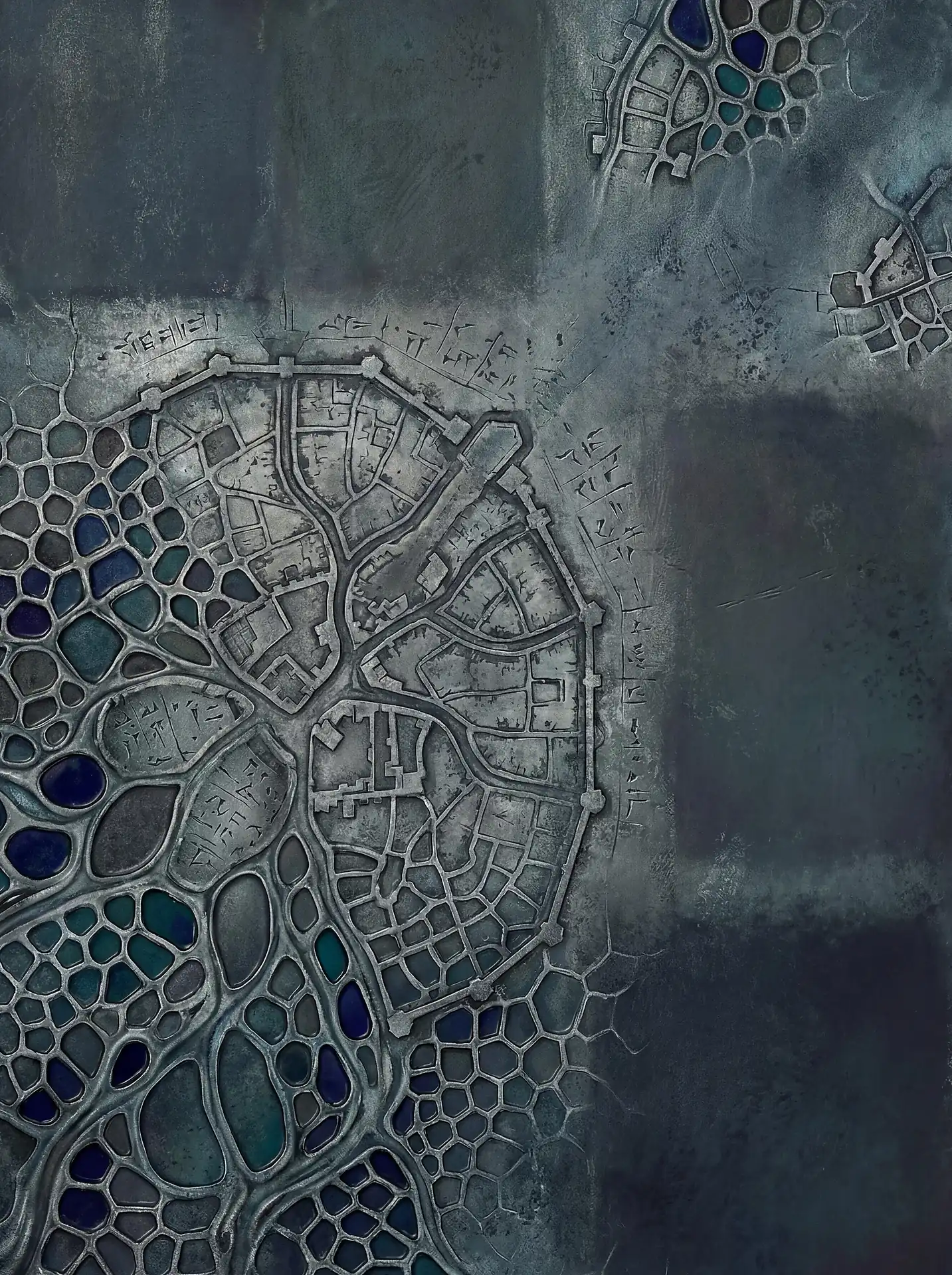 Layering of raised textures and sunken cells creates a complex relief map of an imaginary fortified city. This dark grey and teal mixed-media artwork evokes a sense of ancient history and biological growth through its intricate patterns and moody, atmospheric lighting. Artwork by Constantine Cheshire