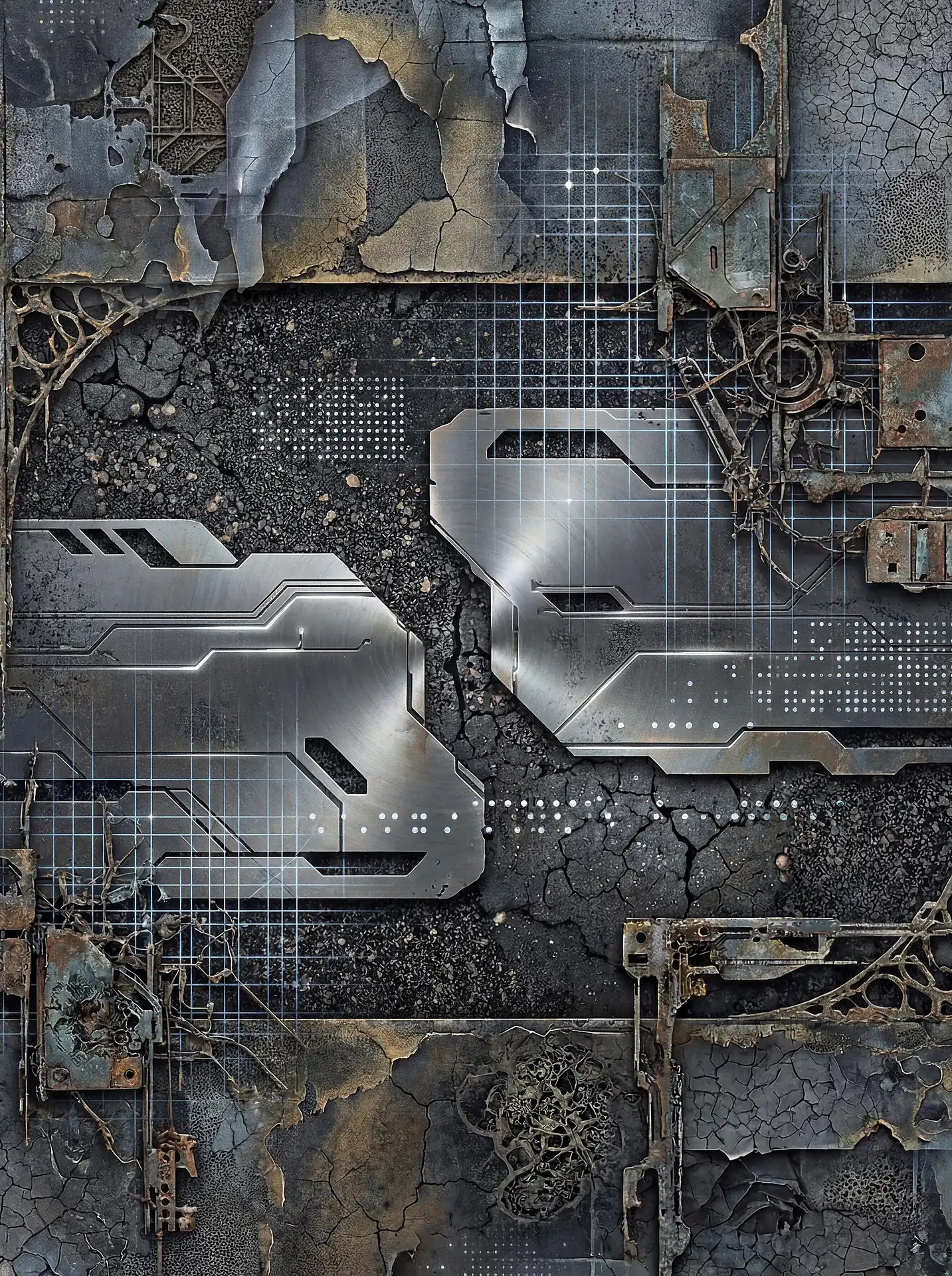 Colliding together in a fusion of decay and advanced engineering, these brushed metal panels rest against a cracked industrial surface. This technical abstract piece blends digital grid schematics with rusted mechanical elements in a dark, moody futuristic aesthetic. Artwork by Constantine Cheshire