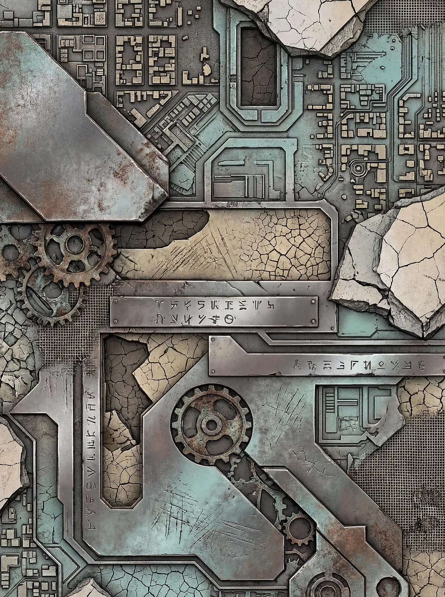 Weathered metal plates and rusted gears are layered over a textured surface of cracked stone and intricate city blueprints. This vertical composition blends sci-fi technology with ancient ruins through a muted palette of teal, rust, and grey. Artwork by Constantine Cheshire