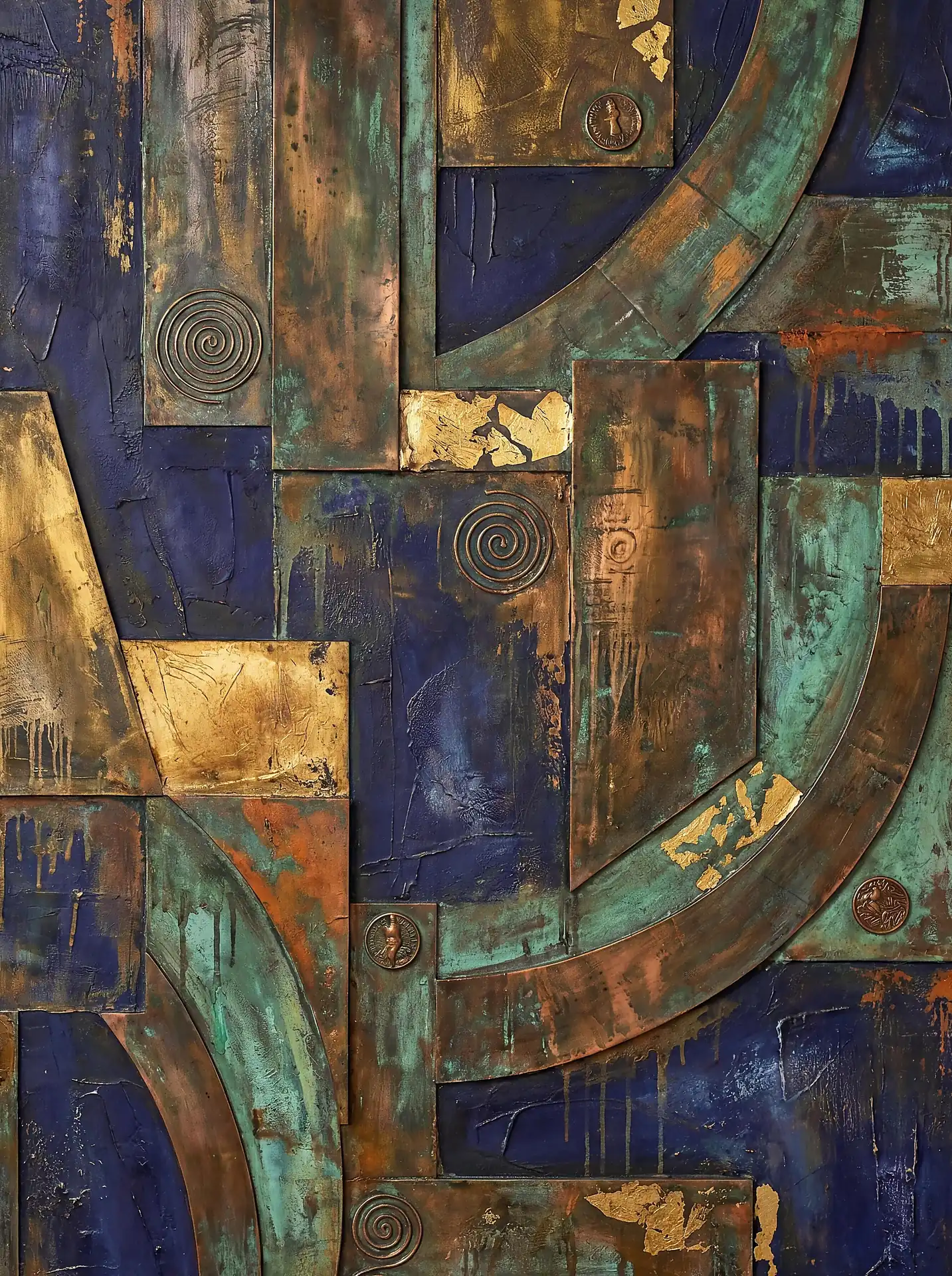 Copper and teal geometric shapes compose this industrial mixed media relief. This abstract artwork features oxidized metallic textures, gold leaf accents, and intricate spiral details against a deep navy blue backdrop. Artwork by Constantine Cheshire
