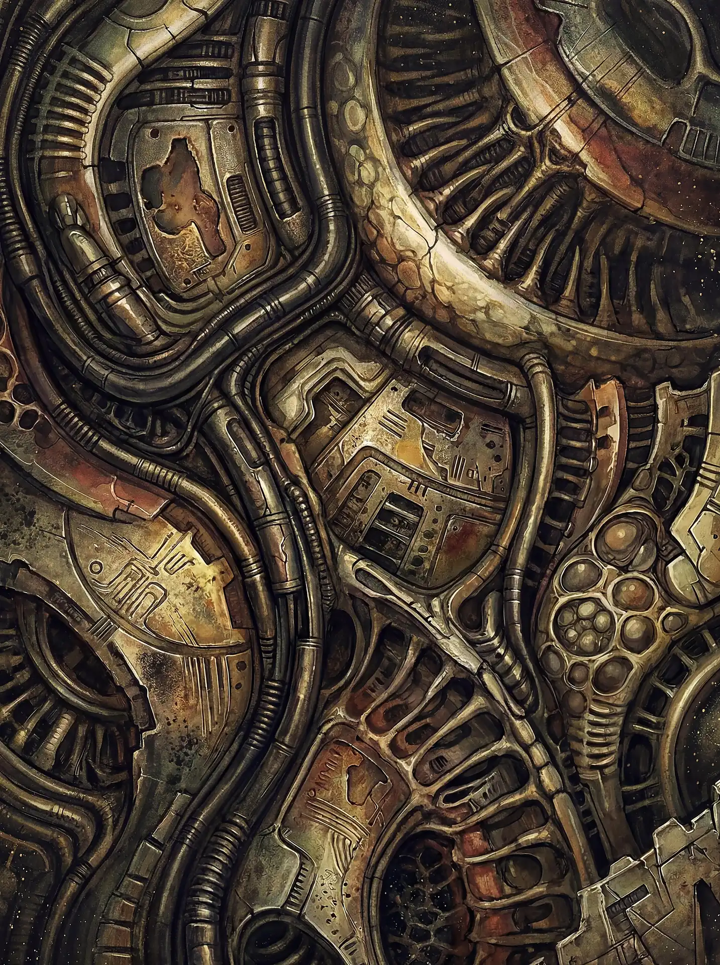 Deep bronze and muted ochre tones highlight this intricate biomechanical structure featuring a complex web of metallic tubes and organic plates. This dark surrealist illustration evokes a sense of alien technology through its weathered textures and industrial machinery details. Artwork by Constantine Cheshire