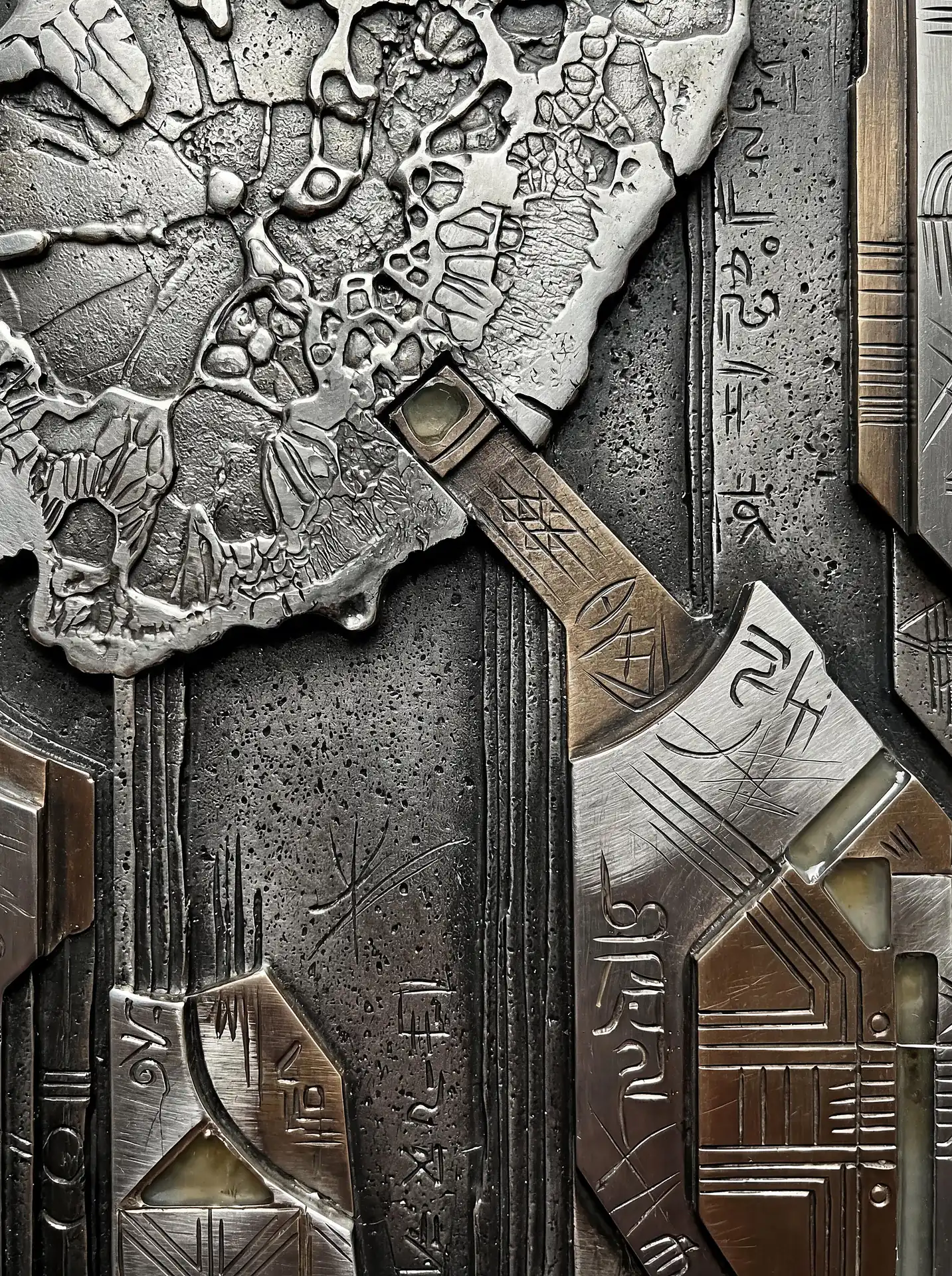 Cool metallic light glints off these intricate engravings and weathered plates, creating a sense of ancient futuristic technology. This detailed industrial texture features cryptic symbols and mechanical components that suggest a lost civilization's artifact. Artwork by Constantine Cheshire