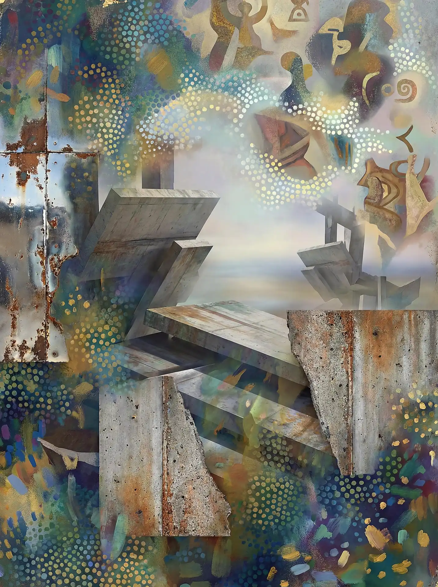 Mysterious and layered, this abstract composition features weathered concrete slabs juxtaposed against ancient-looking symbols and glowing stippled light. The interplay of industrial decay and spiritual iconography creates a complex narrative of time and memory through muted blues, rust tones, and golden accents. Artwork by Constantine Cheshire
