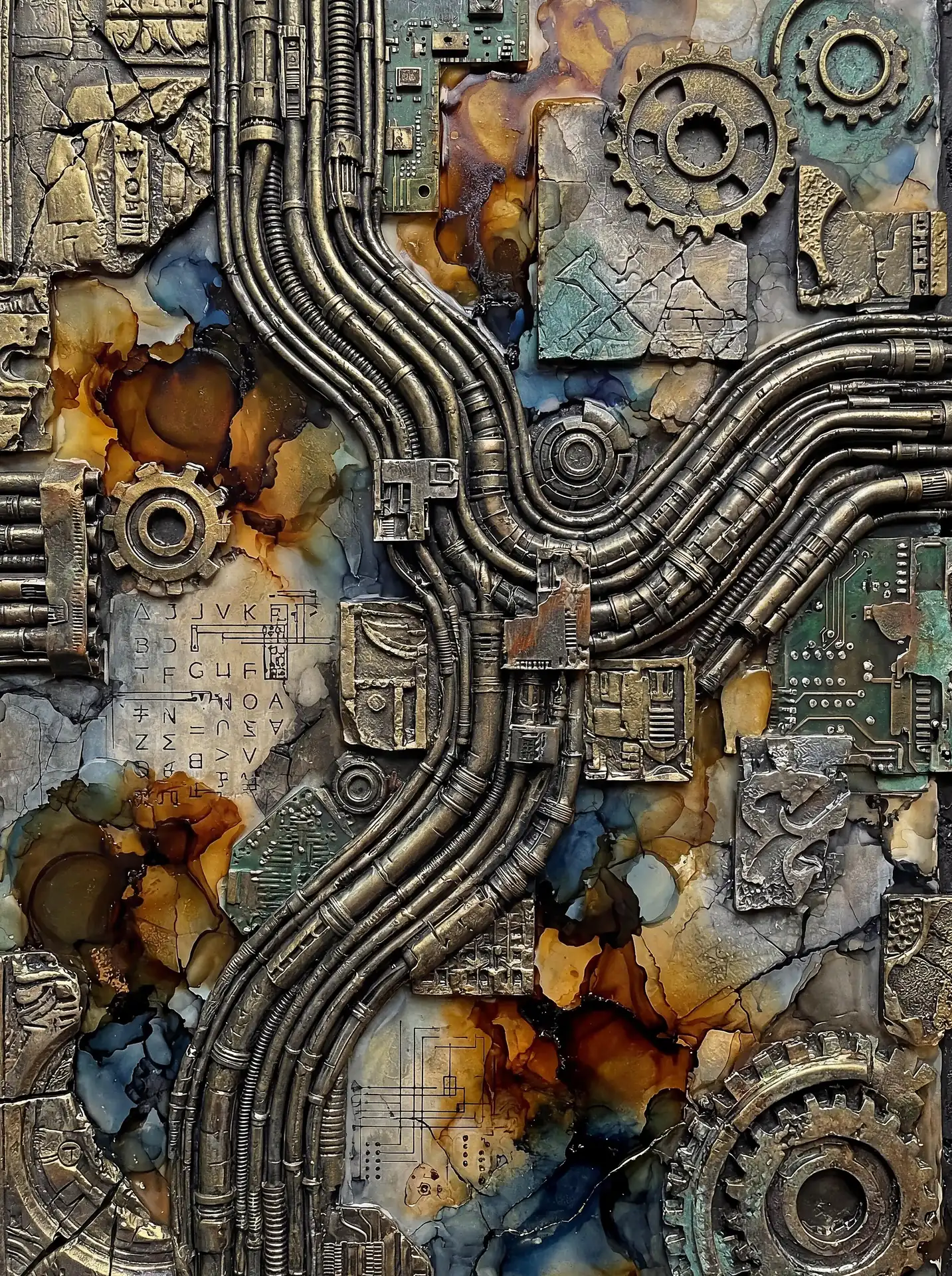 Weathered metal components and textured resins combine to form a complex industrial relief featuring winding pipes and rusted gears. This mixed media artwork blends mechanical elements with vibrant ink washes to create a dark, technical landscape. Artwork by Constantine Cheshire