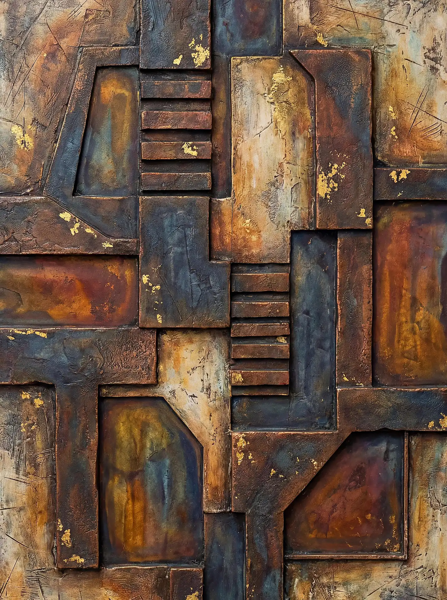 Textured metal plates, rusted bronze finishes, and delicate gold leaf flakes create a complex three-dimensional geometric composition. This industrial-style abstract artwork uses overlapping rectangular shapes and earthy tones to evoke a sense of weathered architectural history. Artwork by Constantine Cheshire