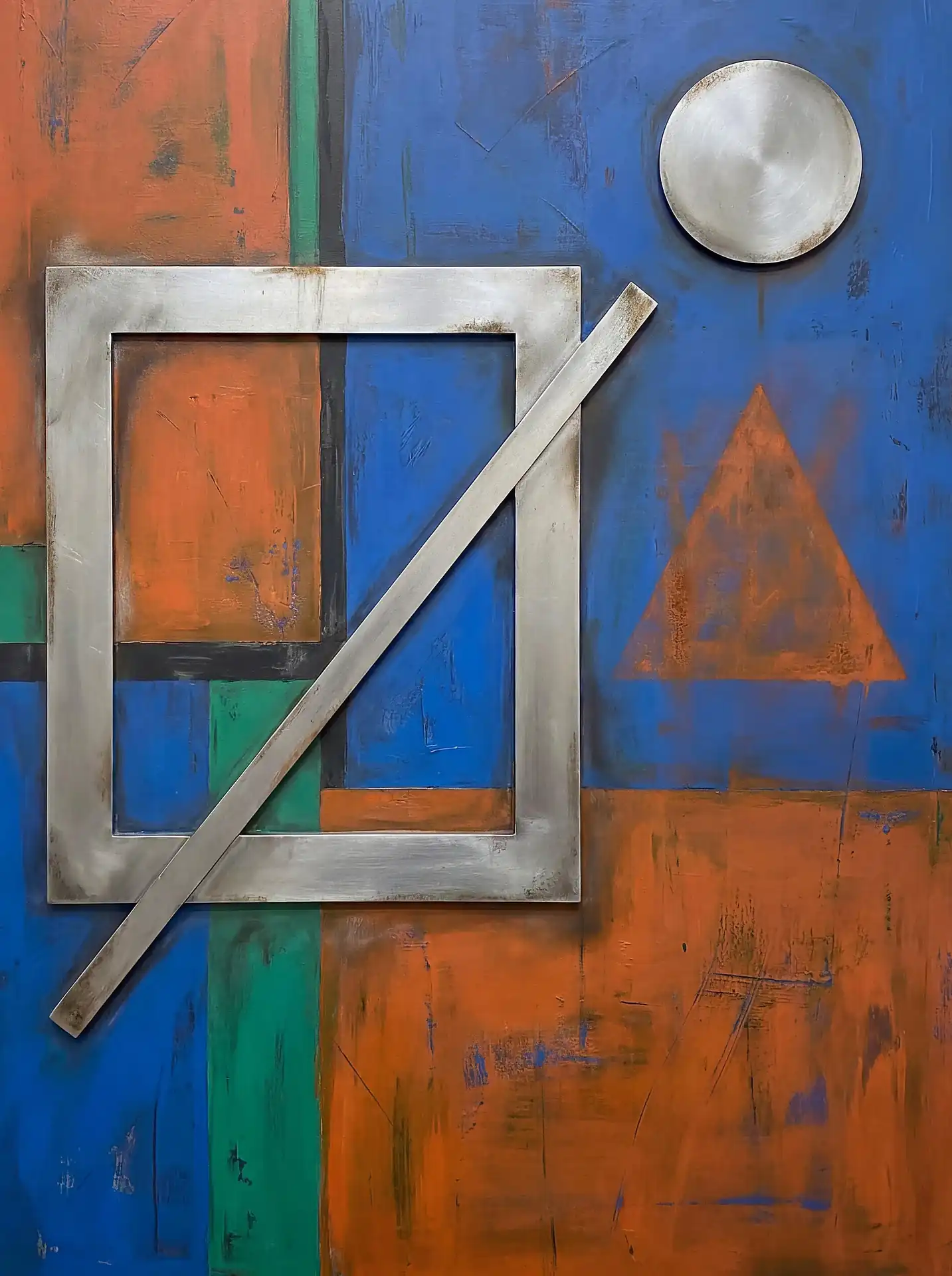 Layering of three-dimensional metallic shapes over a multi-colored geometric background creates a striking industrial aesthetic. This mixed media piece combines raw metal elements like a frame and disc with textured, painterly fields of blue, orange, and green for a bold contemporary feel. Artwork by Constantine Cheshire