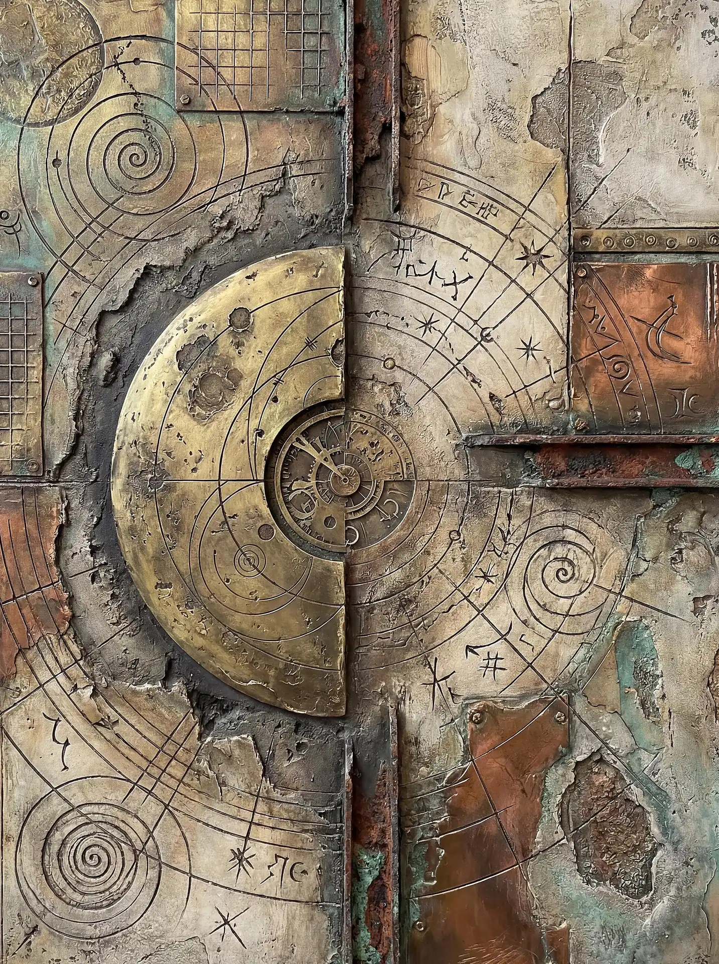 Oxidized metals and rough plaster textures form a complex bas-relief featuring golden astronomical charts and spiral diagrams. This mixed media piece combines rustic earth tones with intricate celestial carvings to create a sense of ancient scientific discovery. Artwork by Constantine Cheshire