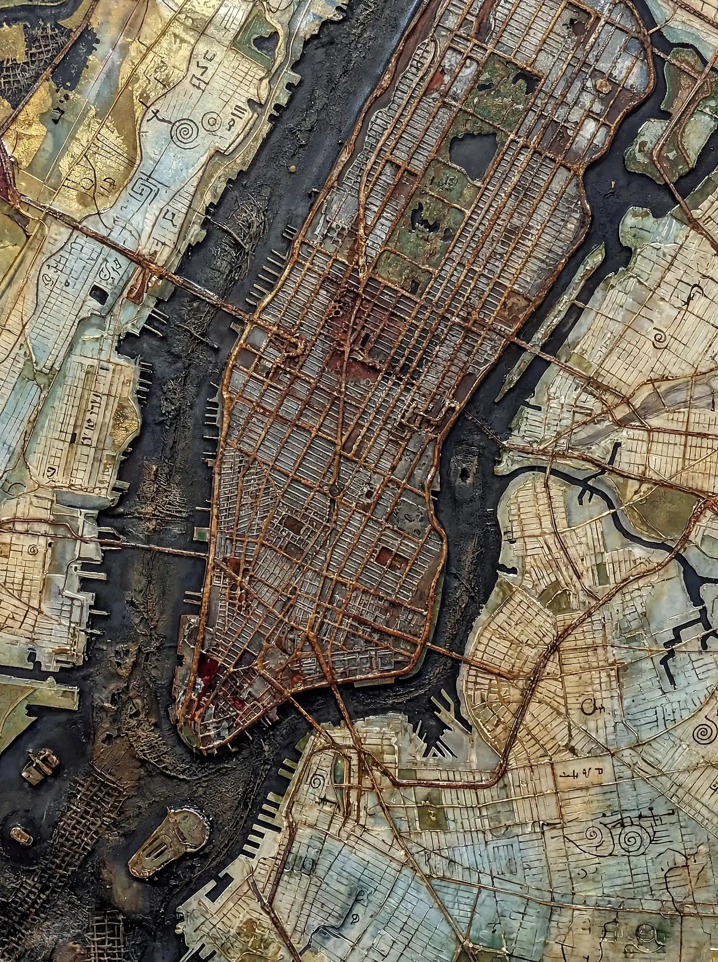 Golden hues and dark shadows highlight this industrial relief map of Manhattan featuring a textured grid of rusty metal and intricate urban carvings. The mixed media piece uses a weathered palette of copper, teal, and charcoal to create an aged interpretation of the New York City landscape. Artwork by Constantine Cheshire