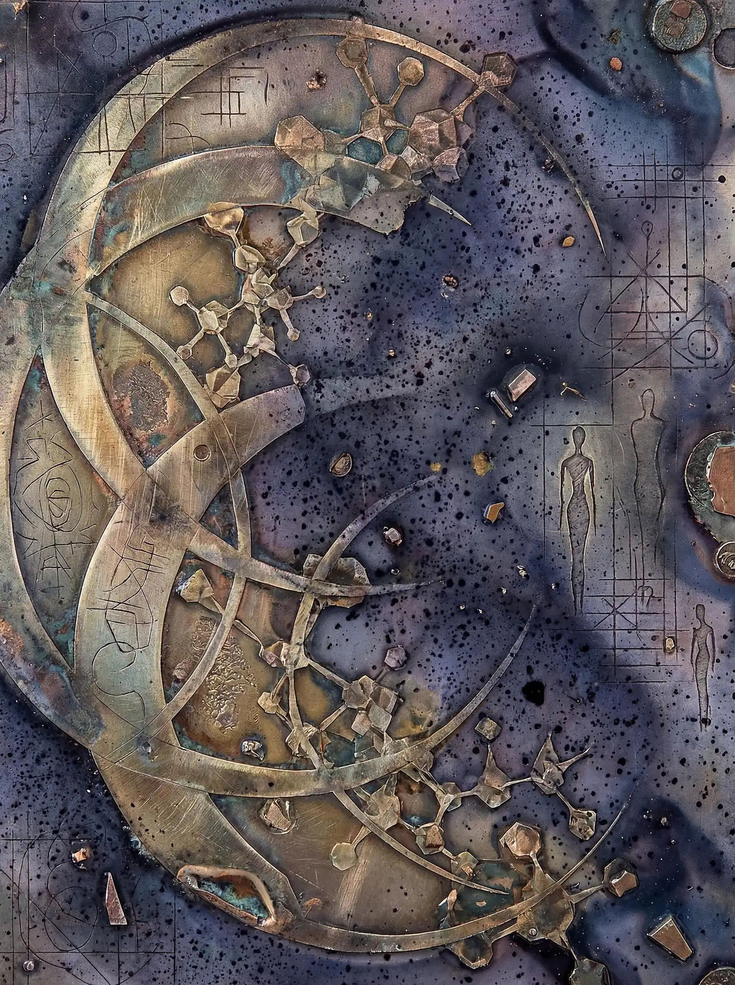 Oxidized brass and weathered metal textures define this intricate composition featuring sweeping arcs, molecular bonds, and ethereal human silhouettes. The dark purple speckled background creates a cosmic mood, blending industrial elements with scientific diagrams and alchemical symbols. Artwork by Constantine Cheshire
