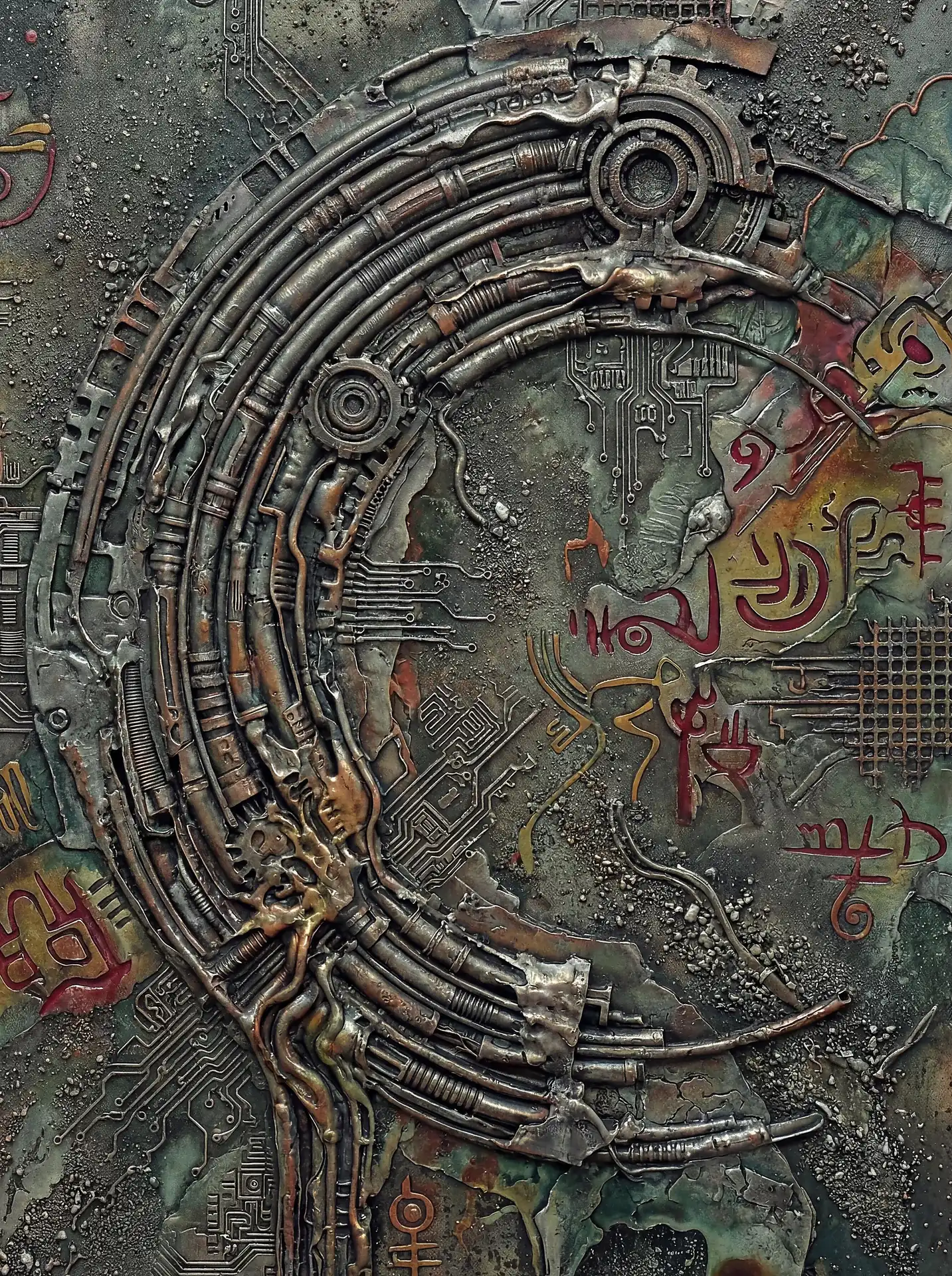 Biomechanical pipes and intricate circuit patterns emerge from this mixed-media relief sculpture in a gritty cyberpunk style. The dark metallic textures contrast with cryptic red symbols to create a mysterious and dystopian atmosphere. Artwork by Constantine Cheshire