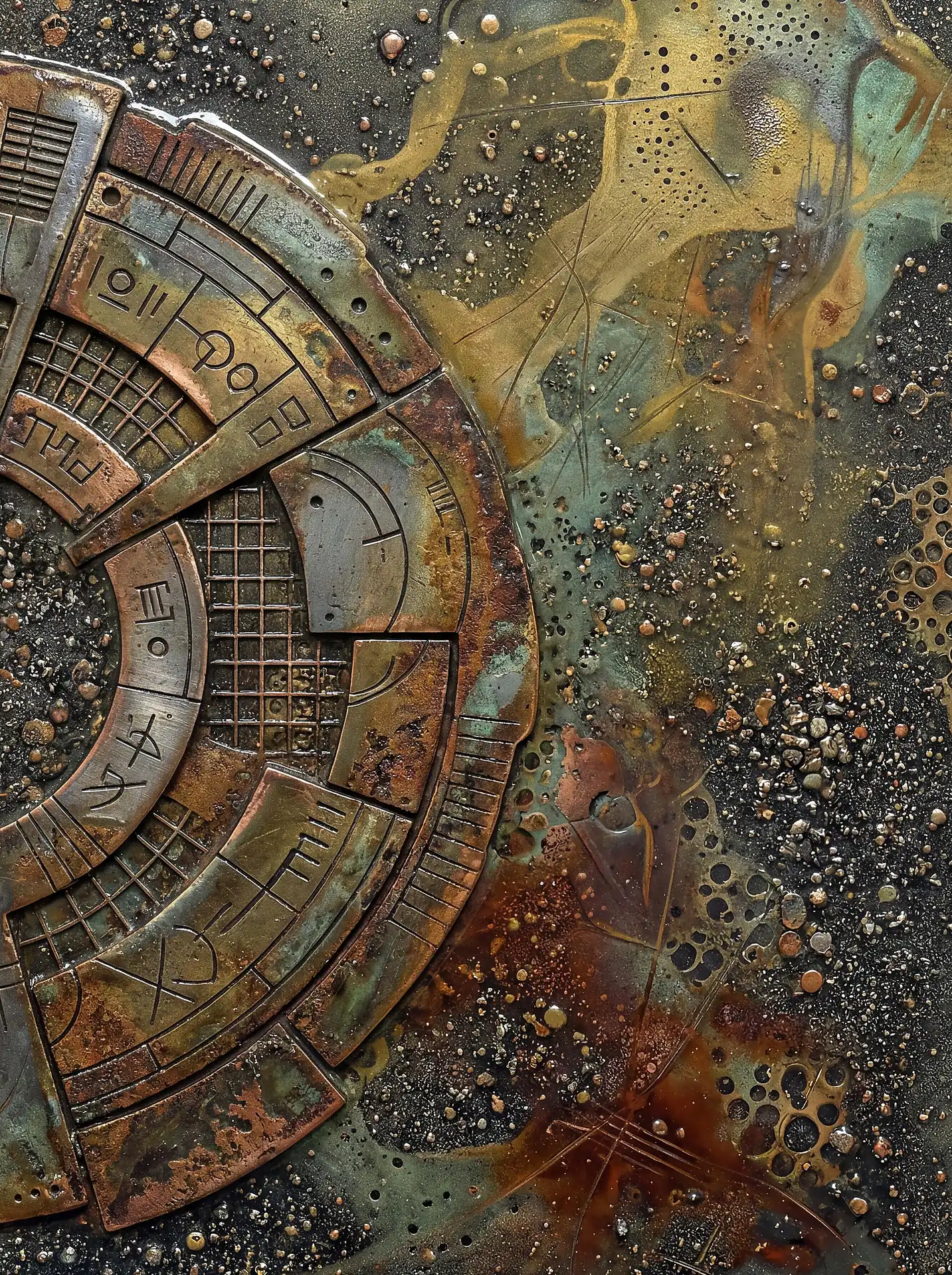 Mysterious and ancient, this weathered bronze mechanical dial features intricate engravings set against a gritty, textured background with layers of rust and verdigris patina. This mixed media artwork blends industrial machinery with cosmic symbolism through its complex metallic layers and earthy, oxidized colors. Artwork by Constantine Cheshire