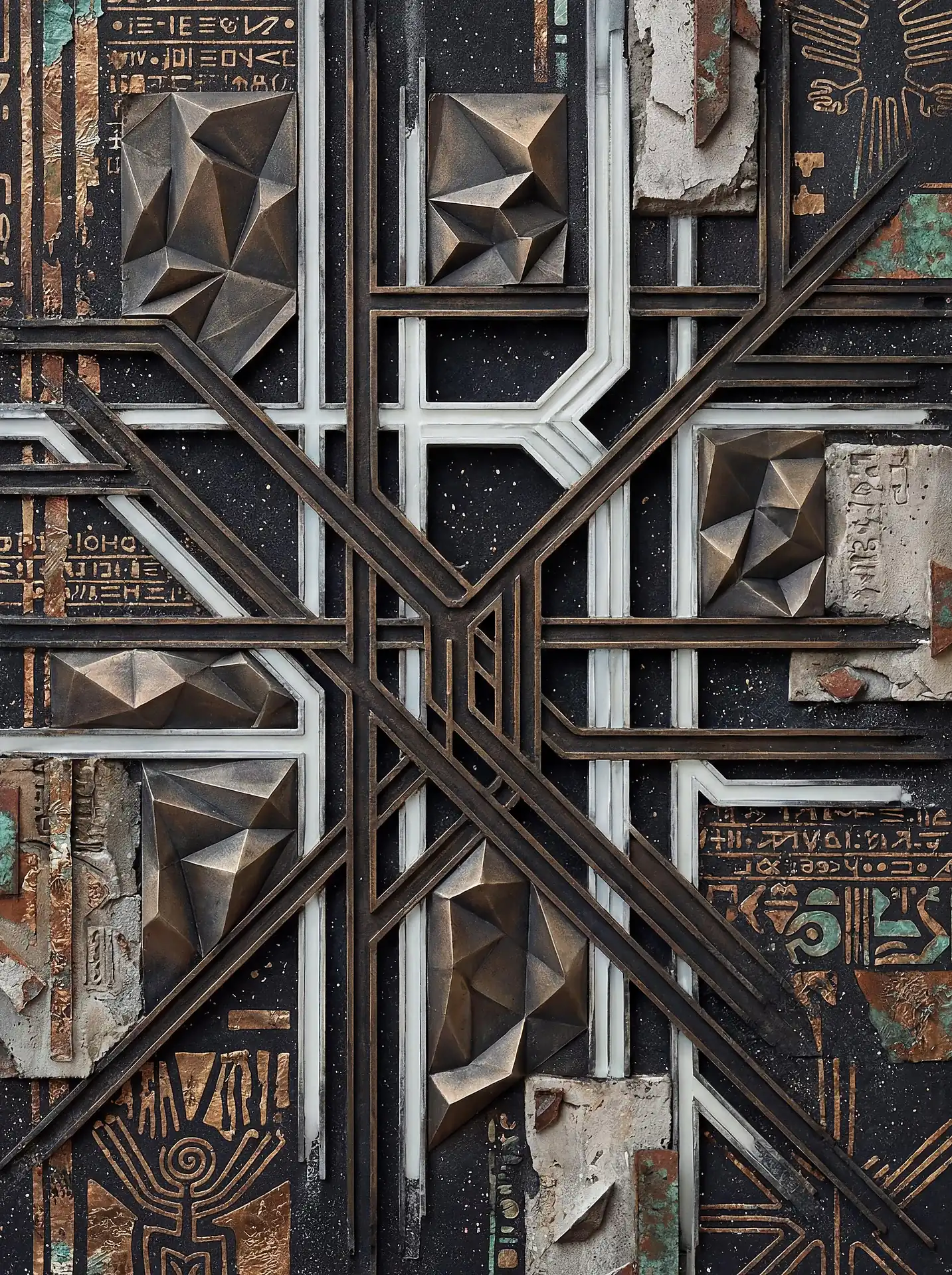 Bronze, copper, and weathered stone textures merge in this complex relief sculpture featuring sharp geometric facets and ancient hieroglyphics. Intersecting metallic lines create the appearance of a celestial map or a high-tech archaeological discovery against a dark, textured background. Artwork by Constantine Cheshire